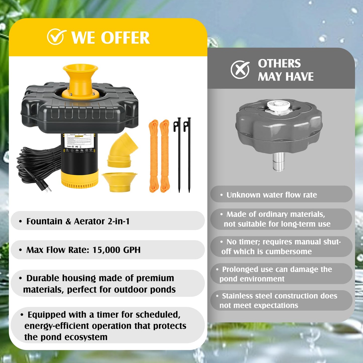 Burnvale Pond Fountain Aerator, 1HP 110V 750W 15000 GPH Floating Aerating Fountain Pump with 100 FT Power Cord, Timer, 2 x 100 FT Traction Rope, Powerful Lake Pond Aerator for Larger Ponds, Lakes