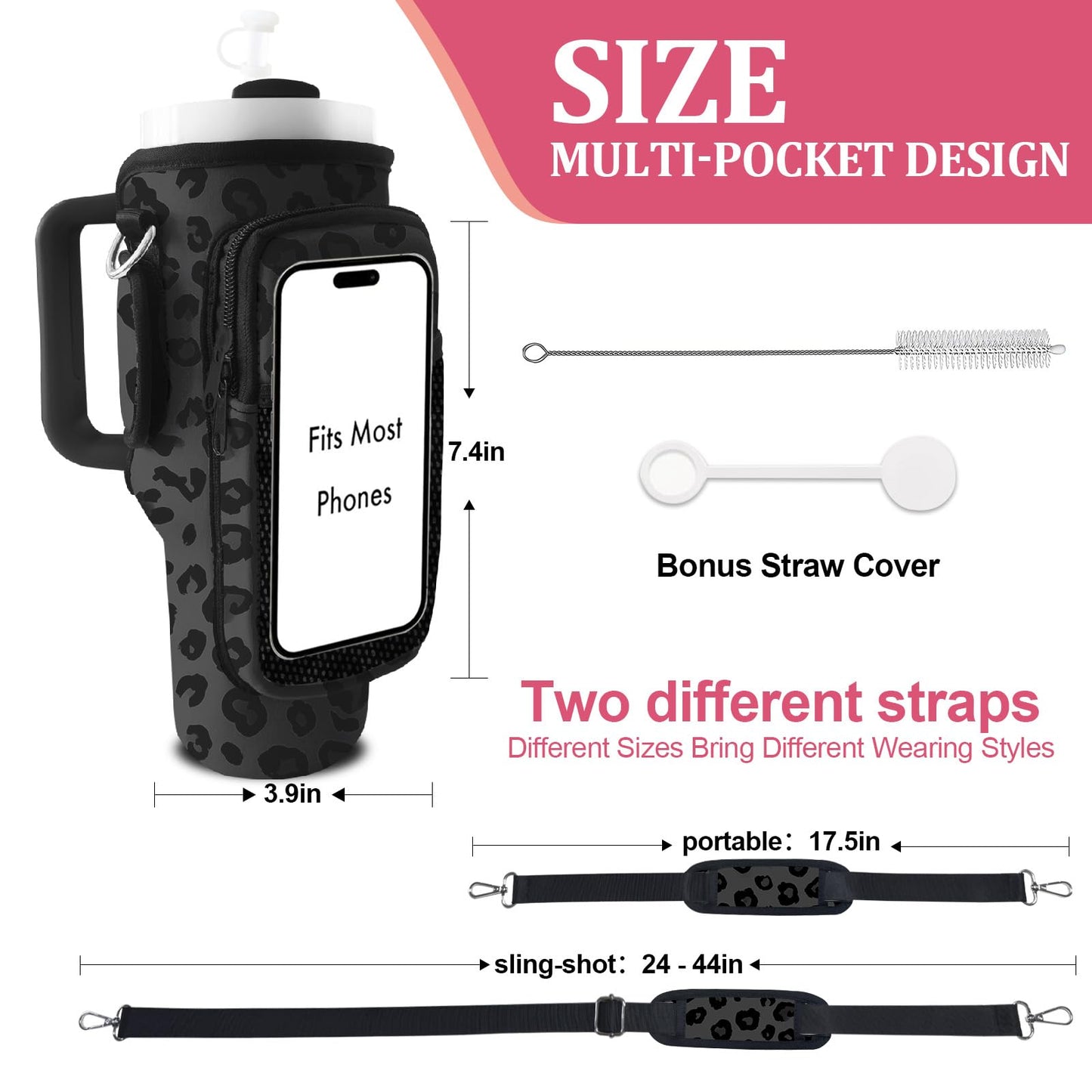 LAOTANGJIA Leopard Print Black Stanley Water Bottle Carrier Bag 40oz/30oz Tumbler with Phone with 2 Adjustable Strap 3 Pockets Bottle Stanley Cup Carrier Bag & Case Accessories for Hiking Travelling