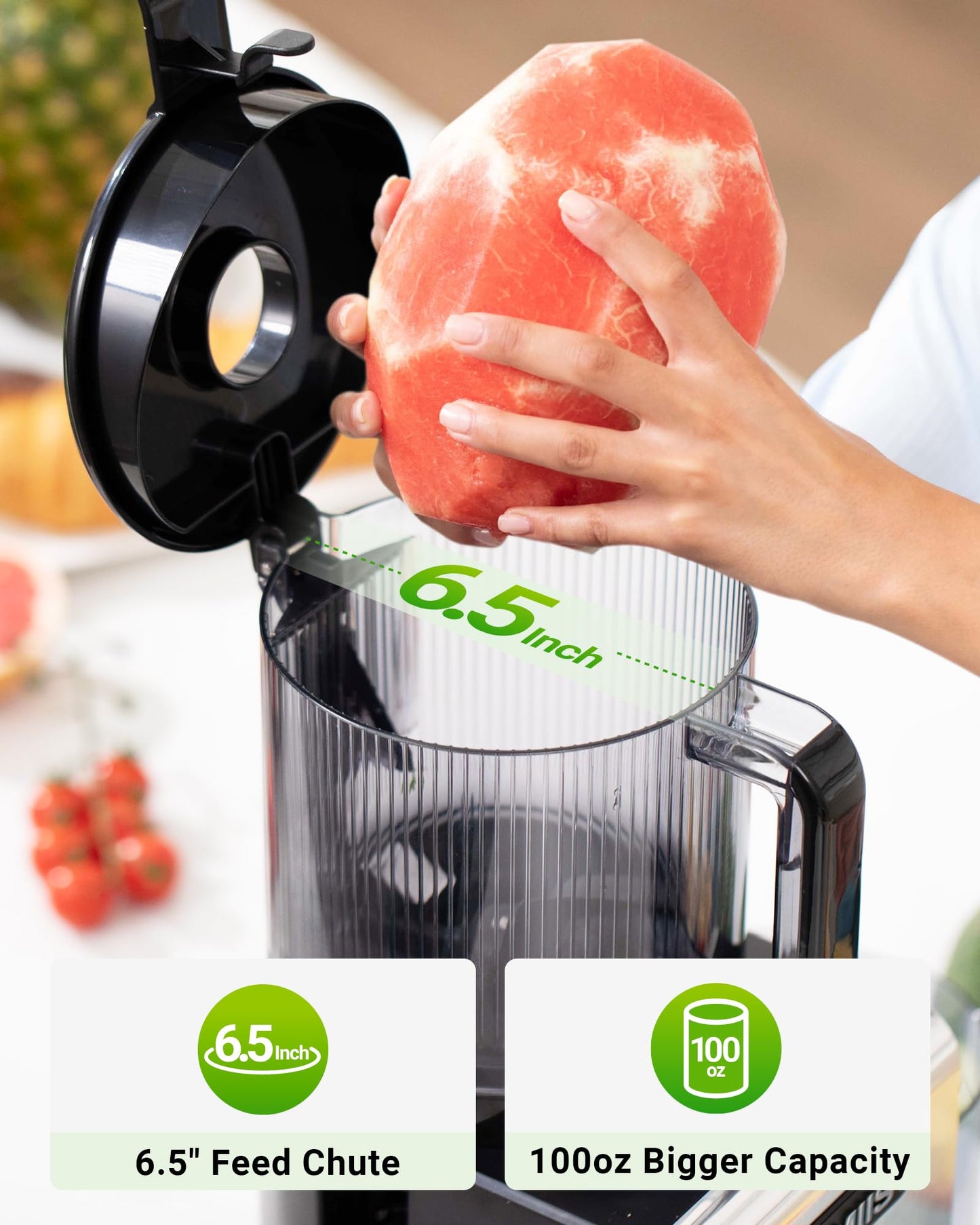 Cold Press Juicer Machine, 6.5" Large Feed Chute Masticating Extractor, Easy to Clean for Whole Fruits & Vegetables, High Yield