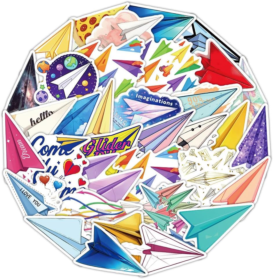 Mekycro 50 Pack Paper Airplane Vinyl Stickers PCS, Retro Aesthetic Waterproof Die-Cut Colorful Paper Plane Sticker