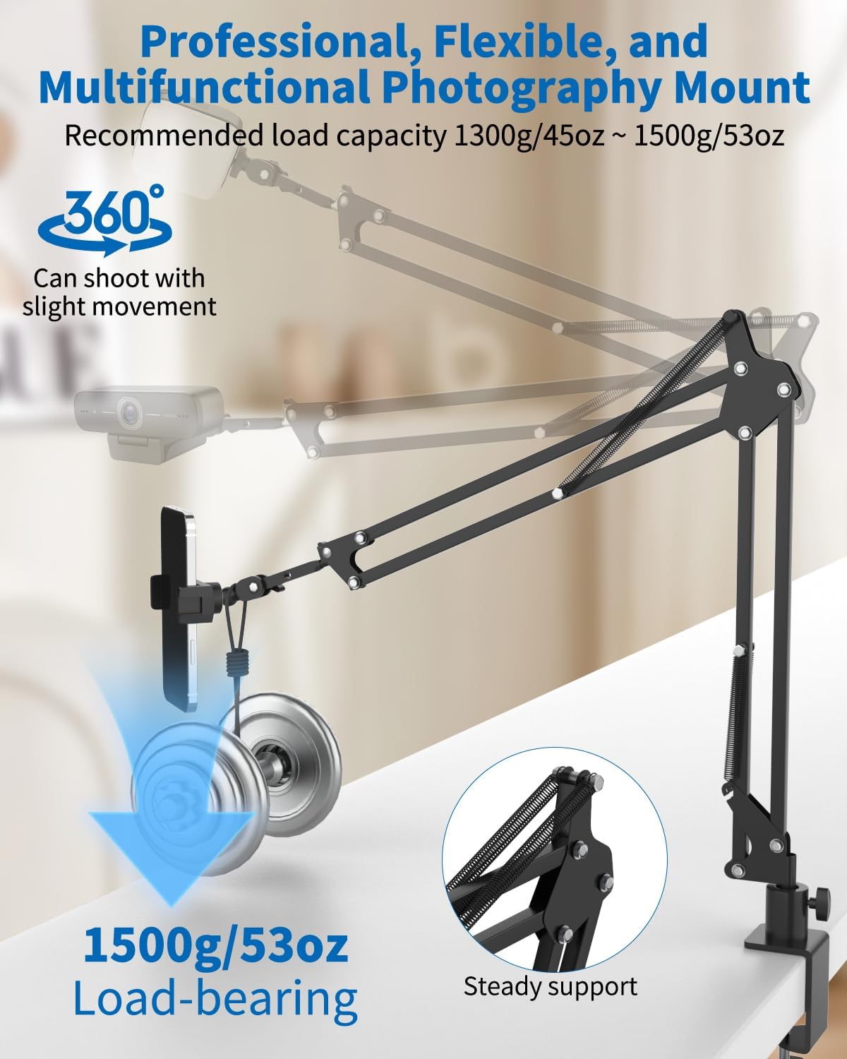 LILANZo 1/4" Overhead Camera Phone Mount, Desk Phone Stand for Recording, Phone Holder for Bed with Phone/Tablet/Mic