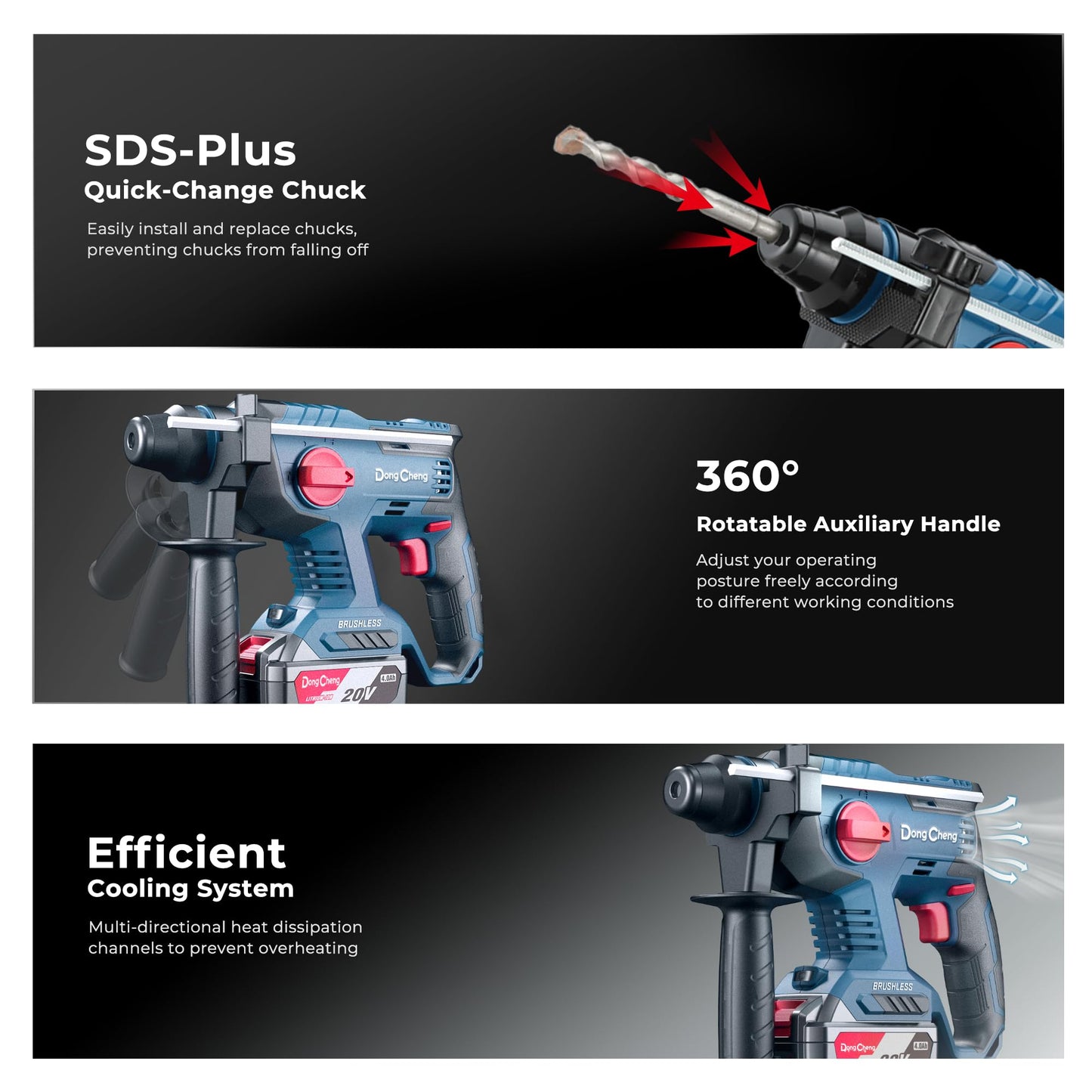 DongCheng 9.2 Amp Power Angle Grinders, 20V Max Cordless Rotary Hammer Drill