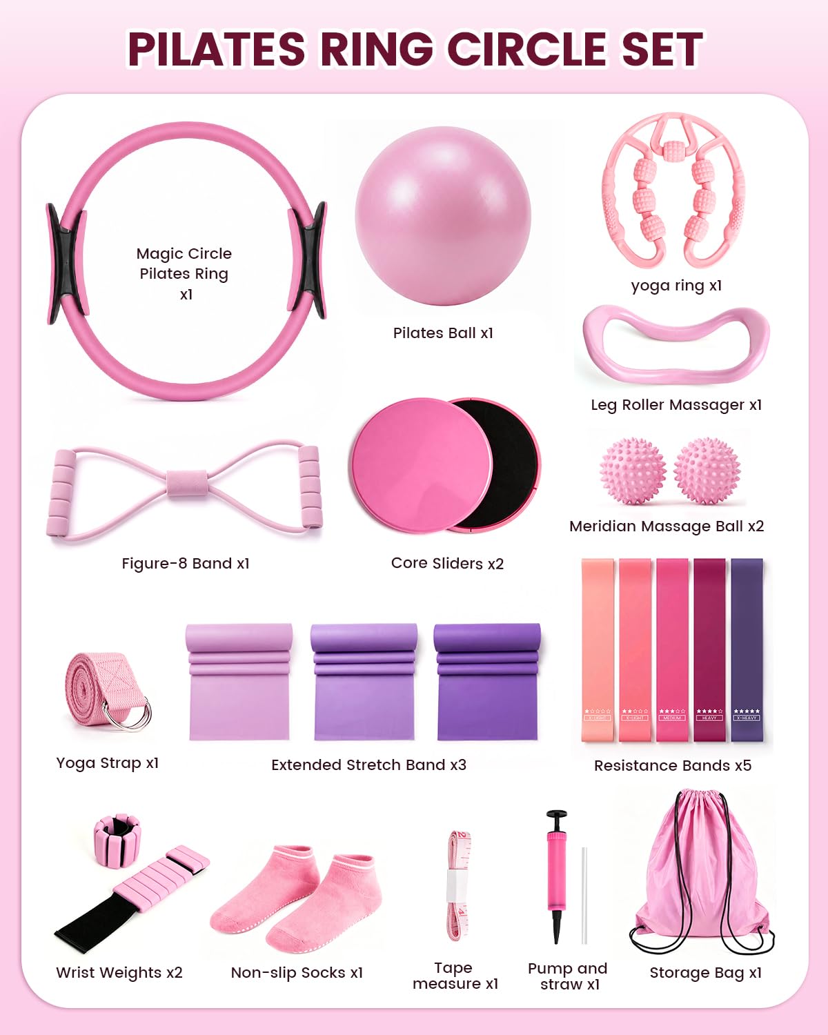 Pilates Kit 24PCS for Women, Pilates Equipment Ring Ball Set with Magic Circle,Resistance Bands Yoga Strap Wrist Ankle Weights Accessories for Beginner Home Fitness Gym Workout(Pink)