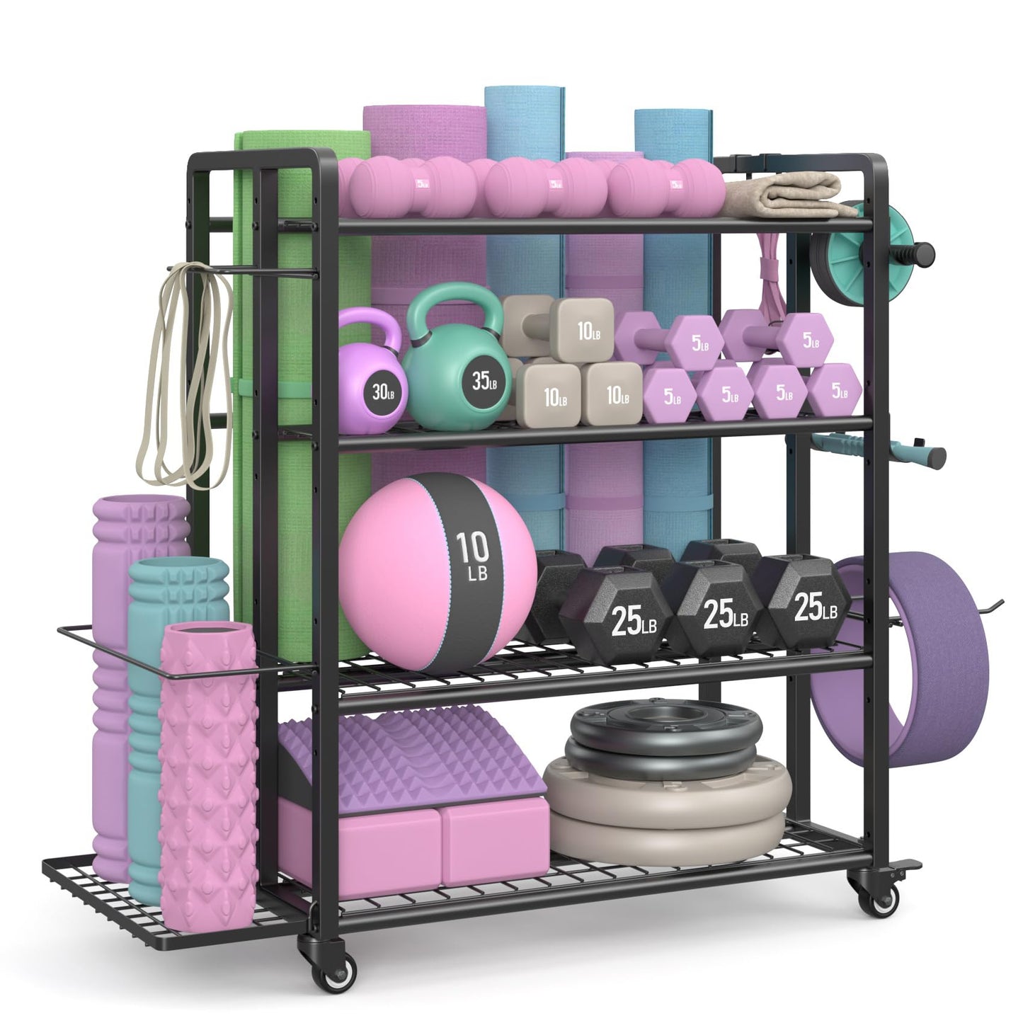4-Tier Dumbbell Rack Stand Only, Adjustable Weight Rack for Dumbbells Kettlebells Yoga Mat, Home Gym Storage Rack with Wheels and Hooks, Powder Coated Finish (Large)