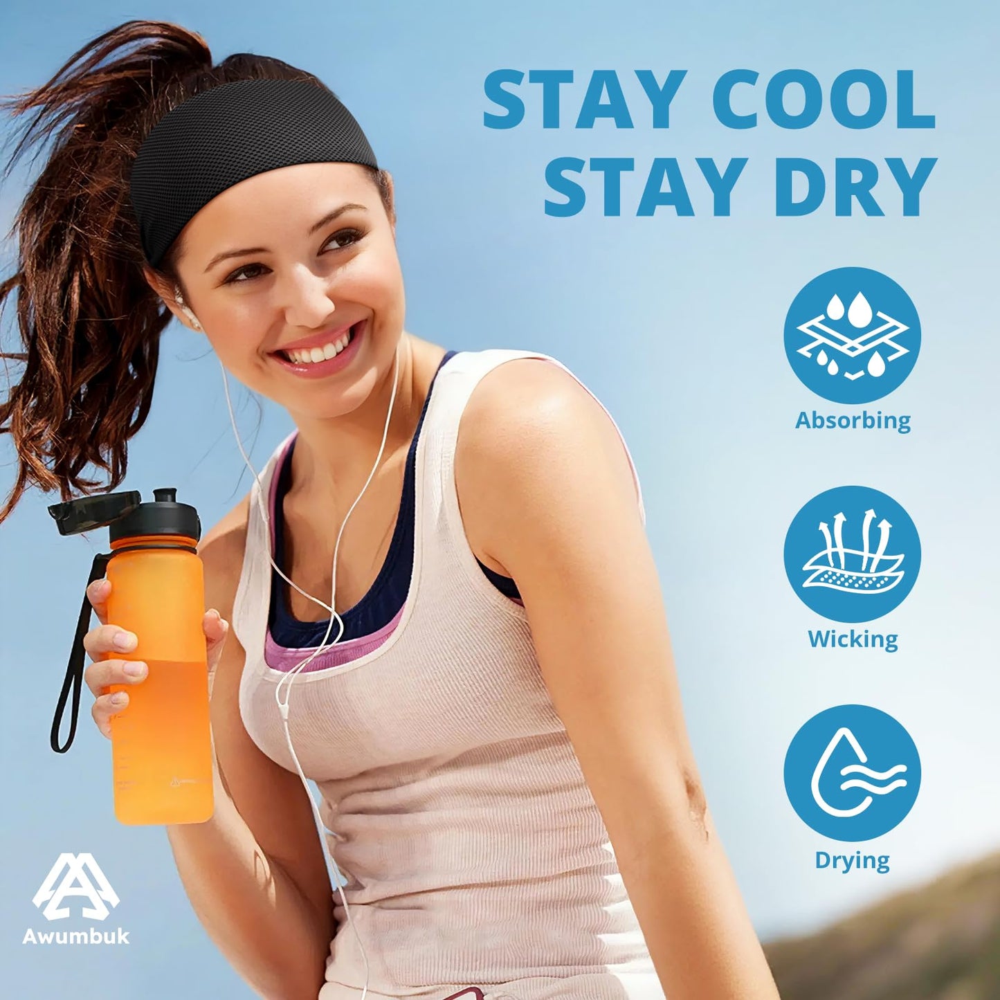 Awumbuk Cooling Headbands for Women, Non-Slip Sweatbands for Women, 4-Pack Elastic Sports Head Bands for Running, Yoga, Gym Workouts, Football