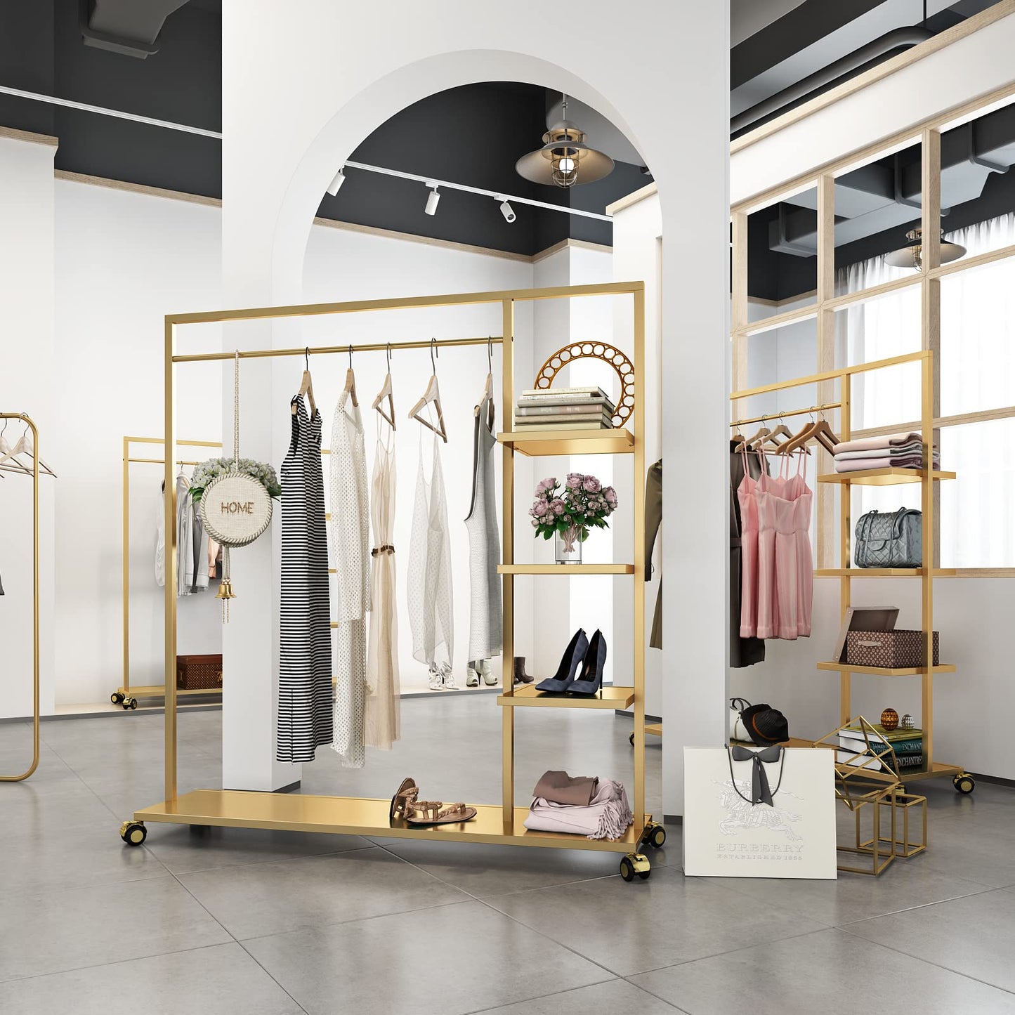 Smlttel Gold Clothing Racks with Shelf, Boutiques Retail Display Gold Clothes Rack, Multiple Uses Heavy Duty Garment Rack for Hanging Rods for Home and Retail
