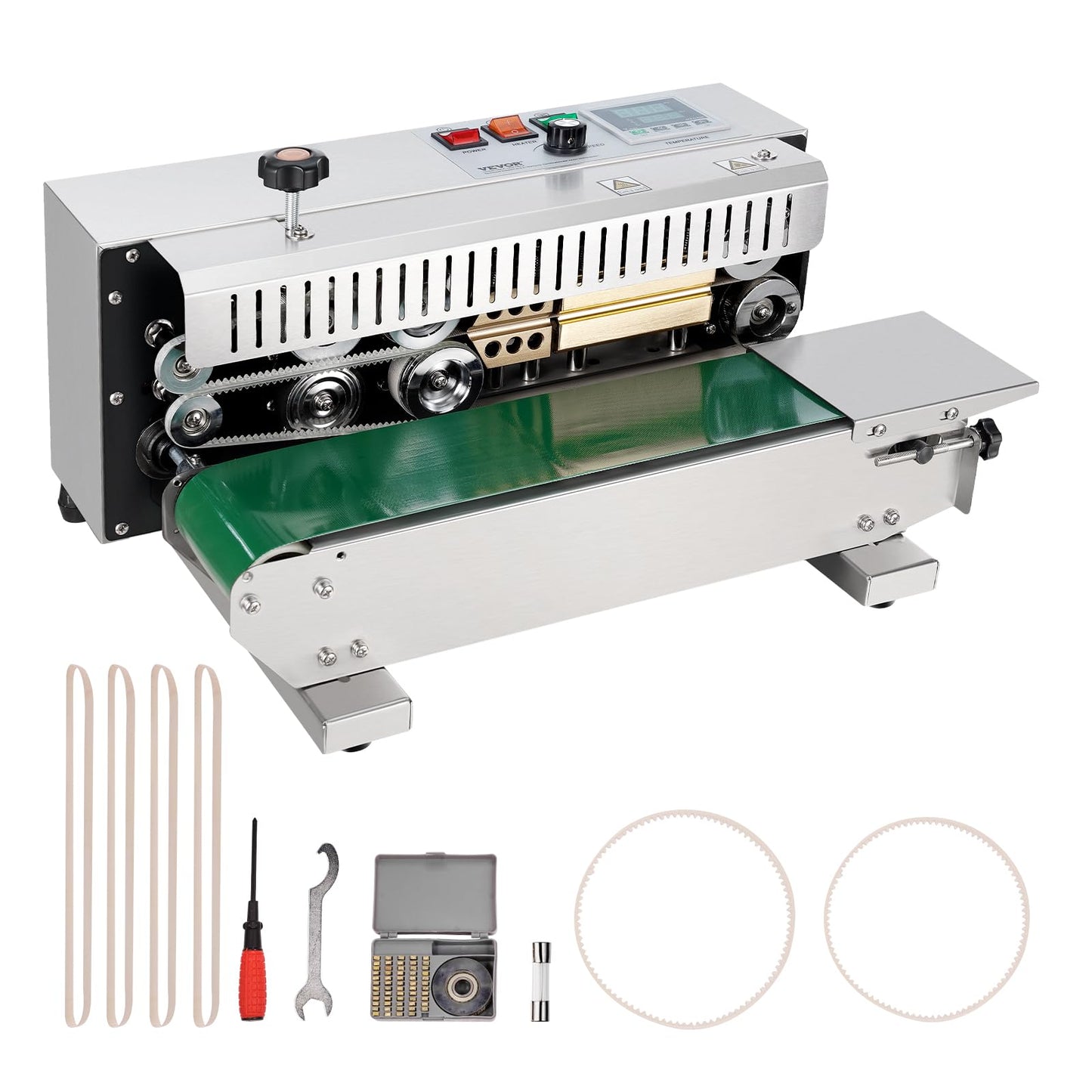 VEVOR Continuous Bag Band Sealing Machine, 0.24-0.47 in/6-12 mm Seal Width, Horizontal Band Sealer Machine with Digital Temperature Control Stainless Steel Bag Sealer for 0.02-0.8 mm Plastic Bag Film
