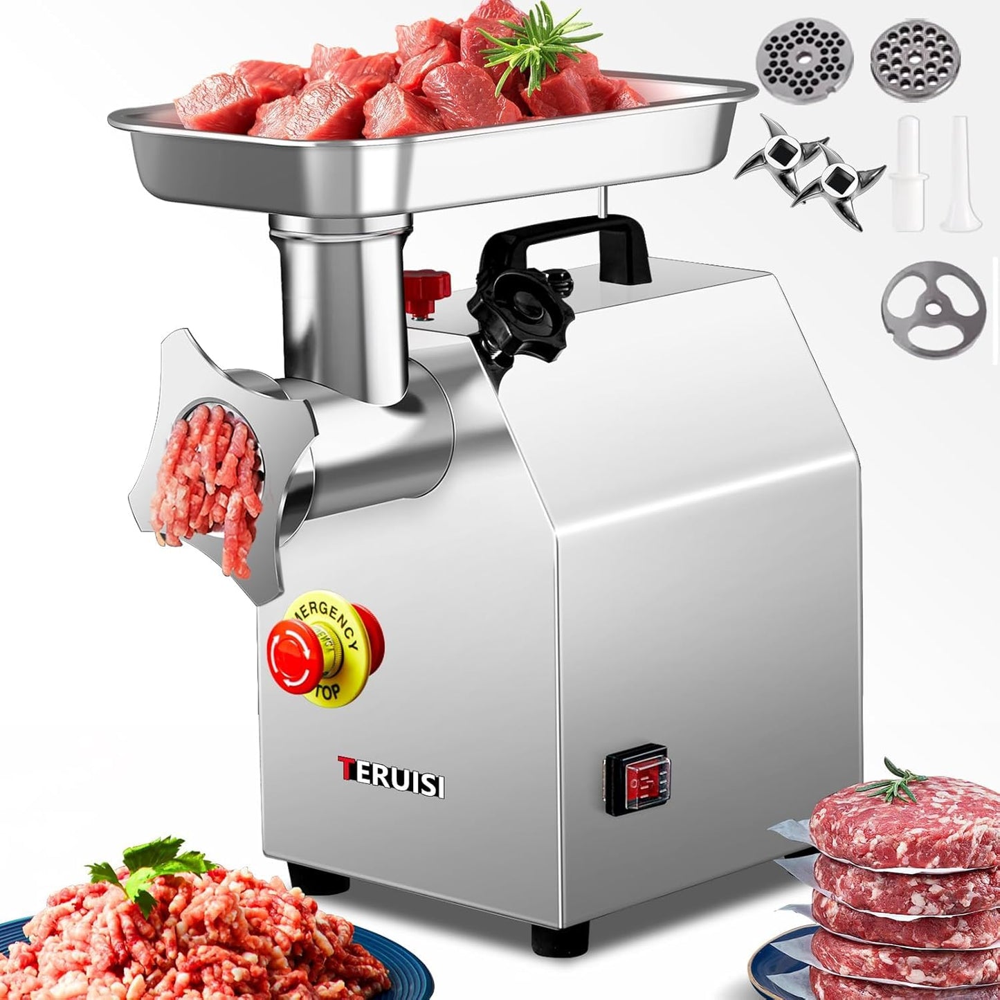 TERUISI Commercial Meat Grinder Heavy Duty, 1100W Electric Stainless Steel Meat Grinding Machine with 6/8mm Grinding Plates & Stuffing Tubes, Sausage Maker Meat Mincer 110V 350LBS/H