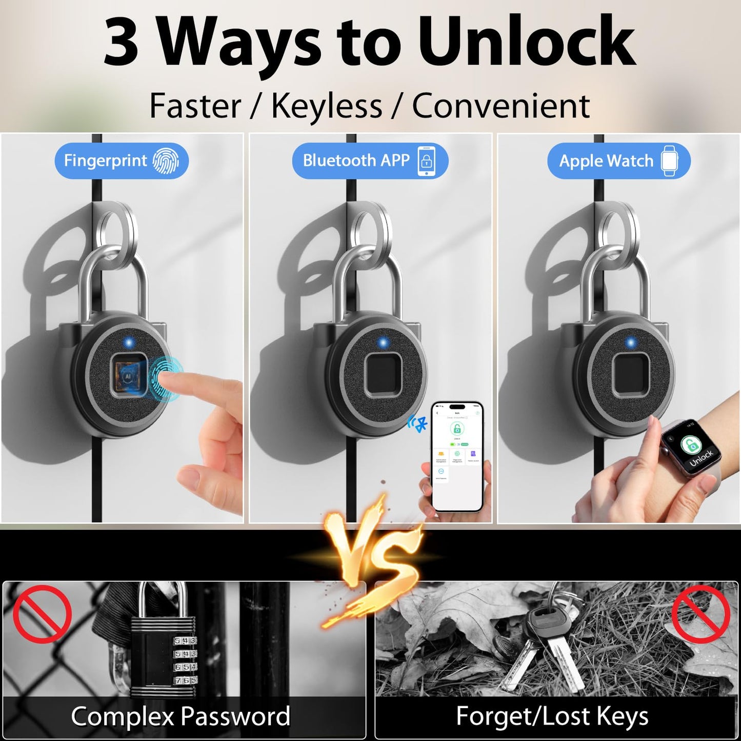 Keylesslife Fingerprint Padlock,Fingerprint Locker Lock,Biometric Smart Padlock Outdoor Waterproof Pad Lock for Locker Gym Fence Gate Toolbox Case Storage