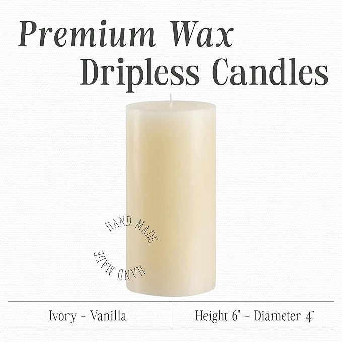 Mister Candle Dripless Vanilla Scented Ivory Pillar Candle Hand Made Vanilla Pillar Candles with Essential Oils for Home Decor, Premium Wax, 100 Hr Burn Time (4x6 inch)