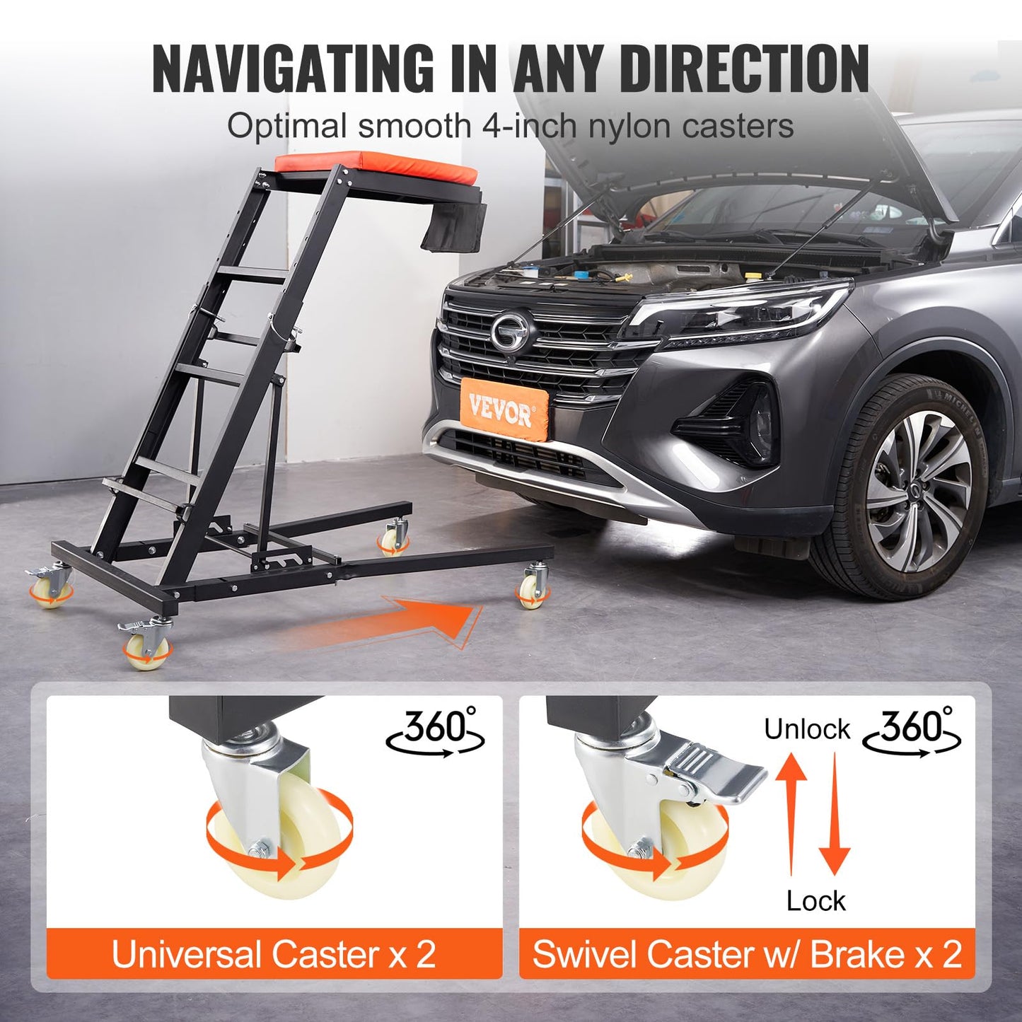 VEVOR Top Automotive Creeper, Engine Creeper 42.5"-64.8", 400 LBS Capacity High Top Creeper, 4 Swivel Caster Wheels, Padded Deck, Creeper for Home Garage, Workshop Repair Maintenance