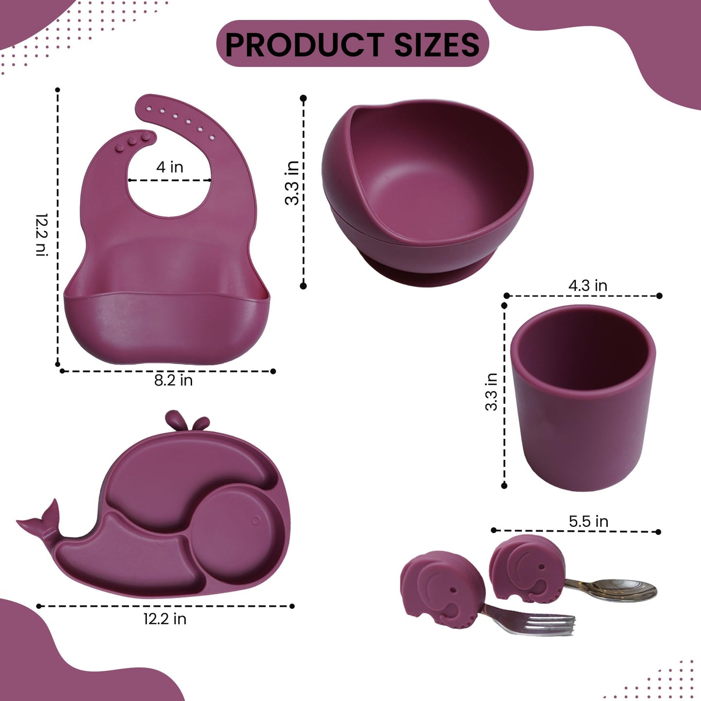 Silicone Baby Feeding Set 7 Pcs | Baby Led Weaning Supplies | Baby Spoons Suction Bowl Divided Plate Bib Cup | First Stage Solid Food Eating Utensils - 6+ Months