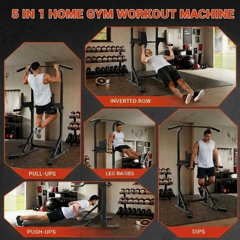 Power Tower, Heavy Duty Pull Up Bar 450LB Capacity, Multi-Functional Dip Station Adjustable Height, Strength Training Equipment Full Body for Home Gym, Pull-Ups, Dips & Leg Raises, Carbon Steel