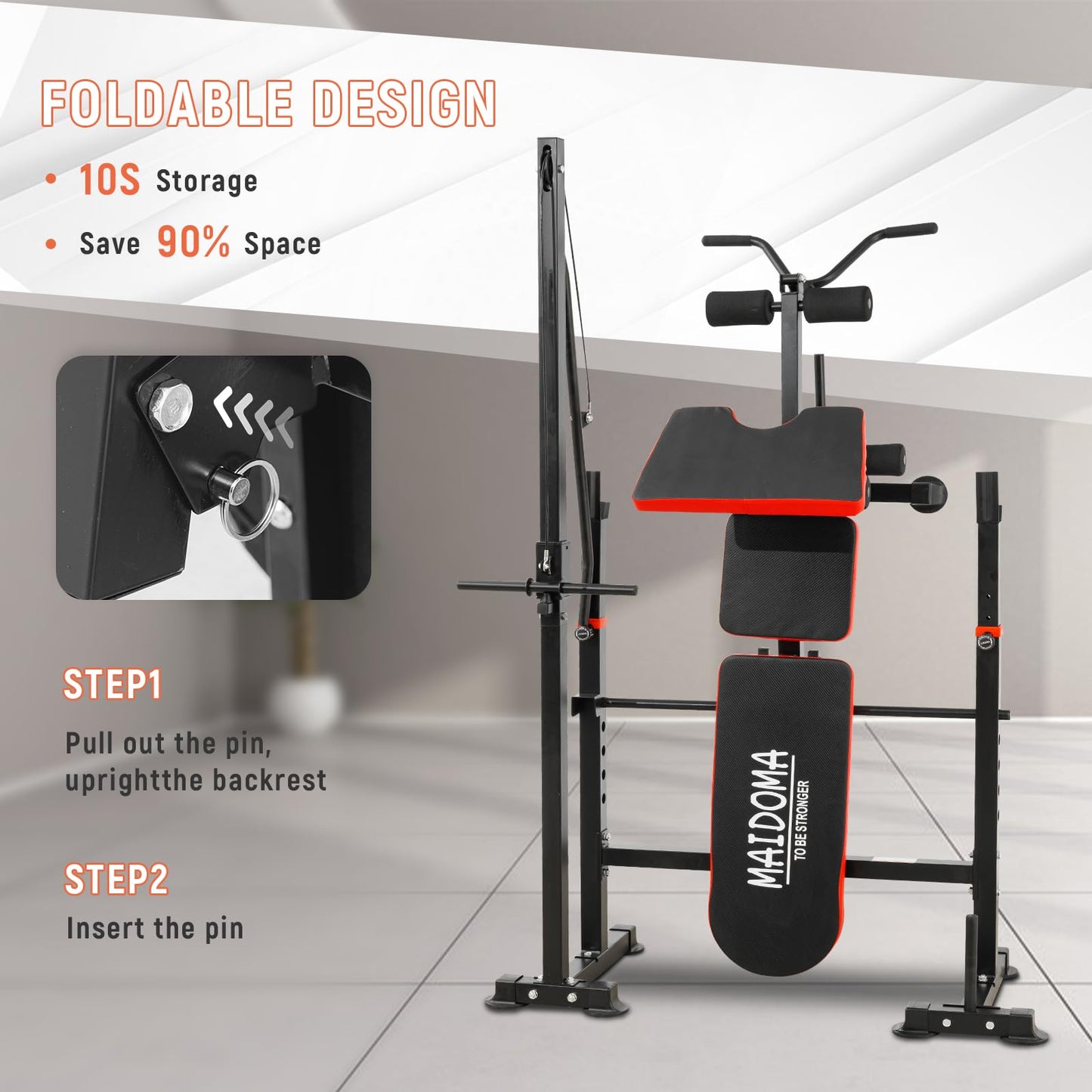 MAIDOMA 1500LB 8 IN 1 Weight Bench with Lat Pulldown and Leg Extension/Curl, Foldable Bench Press with Preacher Curl & Squat Rack, Workout Benches with Safety Bar Catches for Home Gym