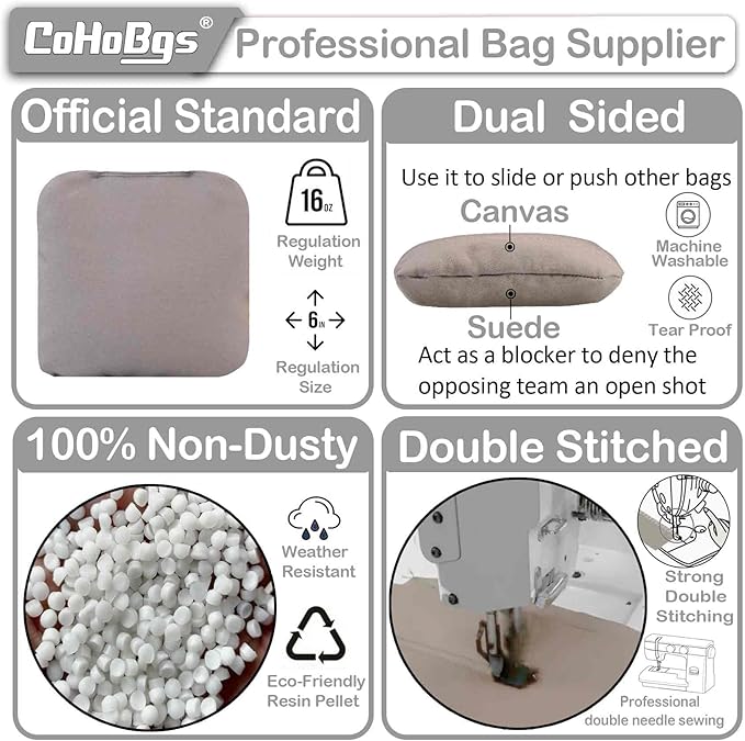 CoHoBgs Corn Hole Bags Set 8, Professional Cornhole Bags Dual-Sided Slick & Stick Resin Filled Suede and Duck Canvas Bean Bag for Cornhole Game Includes Carry Case