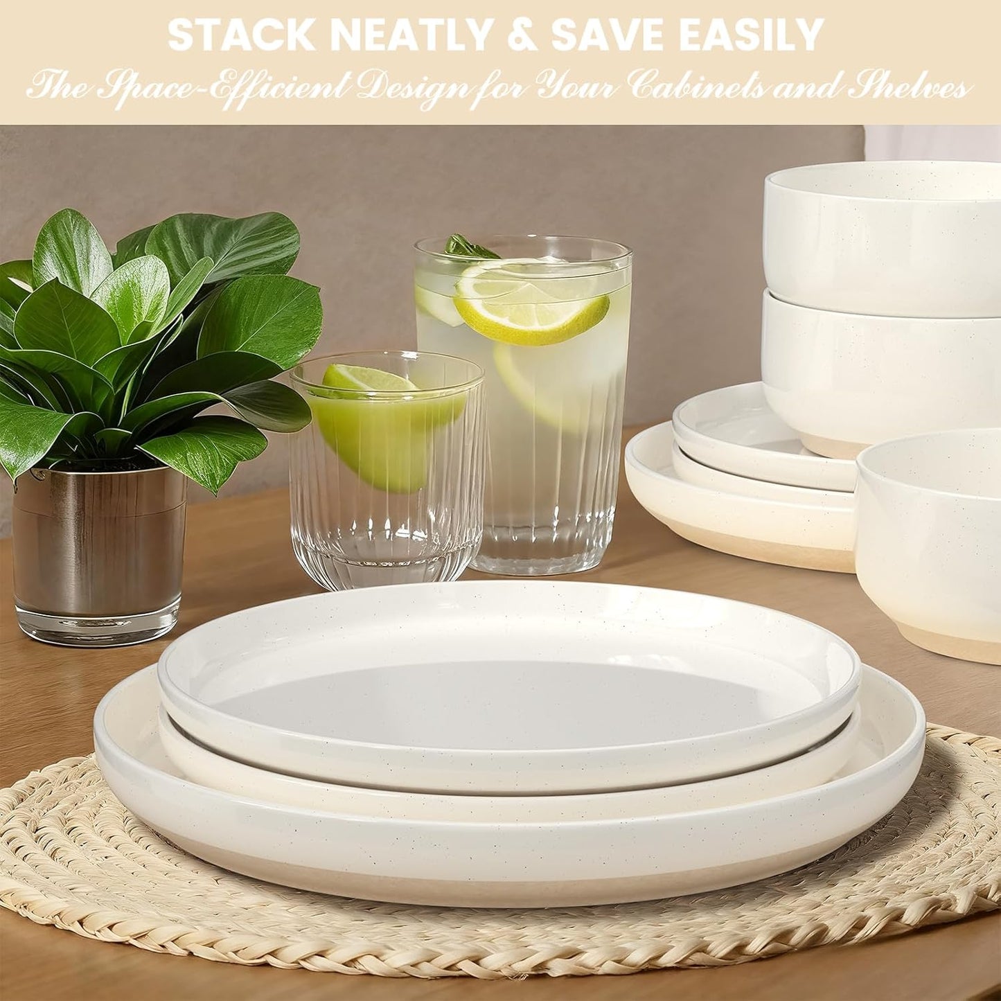 Skiennix Dinnerware Set - 12-Piece Ceramic Plates & Bowls Set for 4 | Scratch Resistant, Microwave & Dishwasher Safe, Cream White