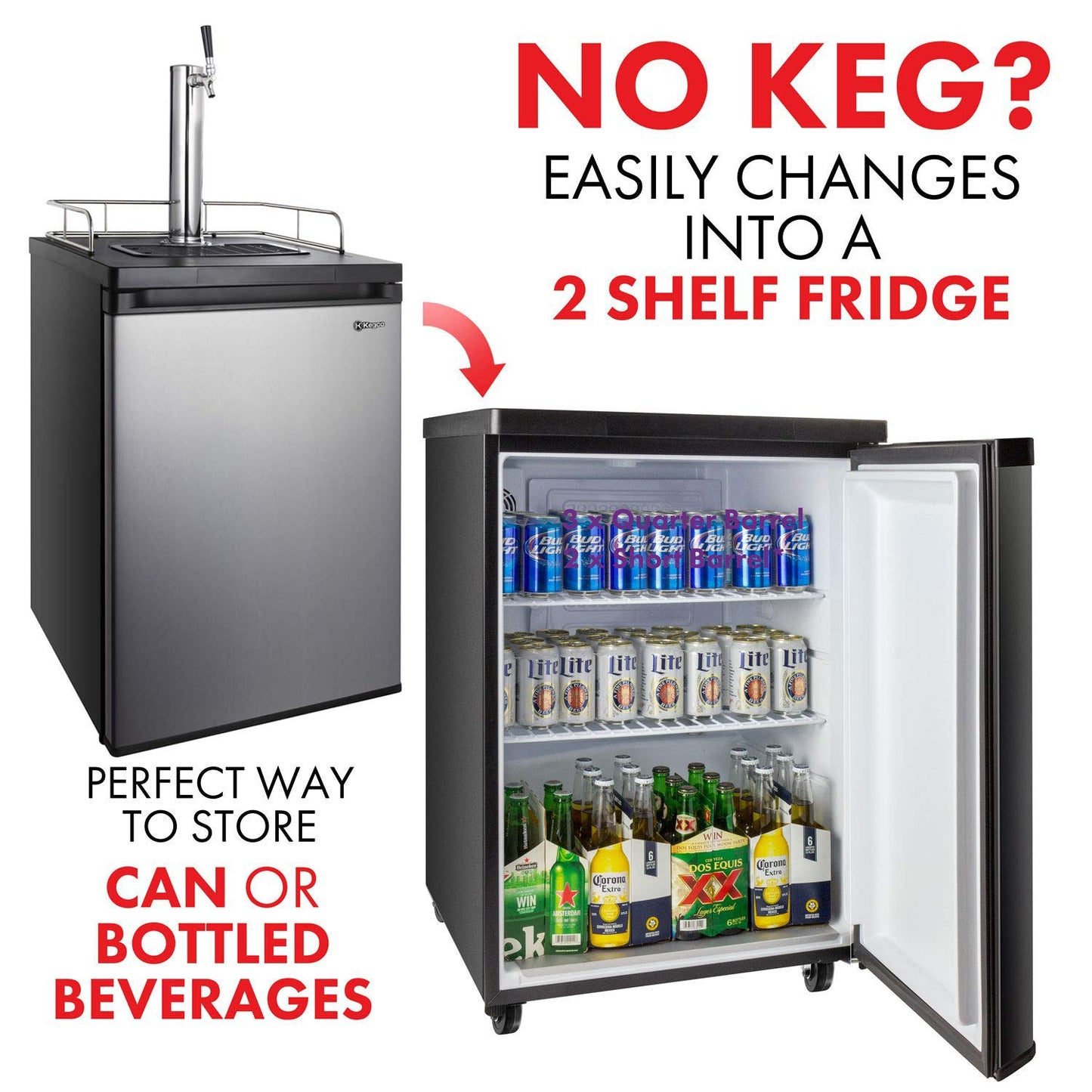 Kegco Kegerator Full Size Keg Refrigerator - Single Faucet - D System, Stainless Steel