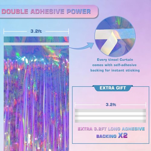 Iridescent Clear Tinsel Curtain Backdrop - 3.28 x 8ft Rainbow Foil Fringe | Shimmer Party Decor, 2 Pack