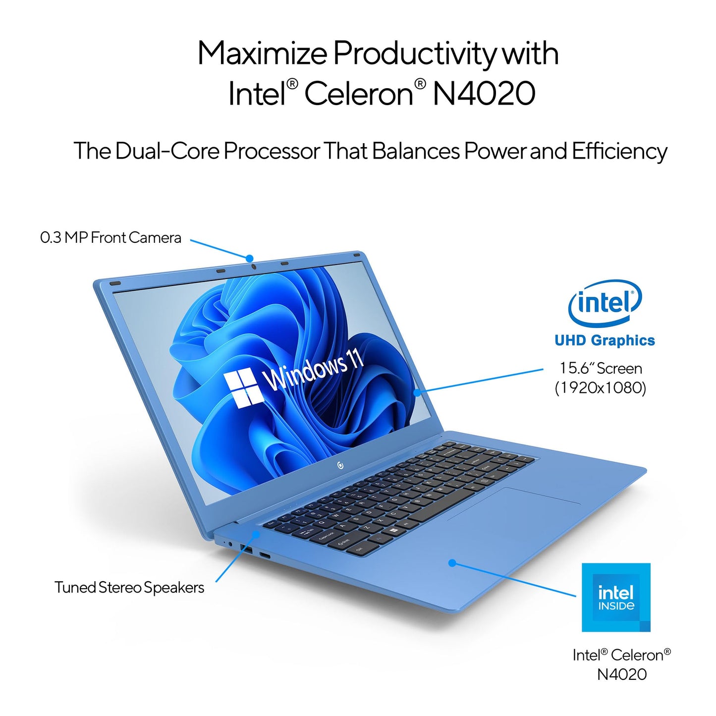 Core Innovations 15.6″ Full HD Laptop – Intel Celeron N4020, 4 GB RAM, 64 GB SSD, Windows 11, Dual USB, Mini HDMI, Lightweight & Budget-Friendly - Blue