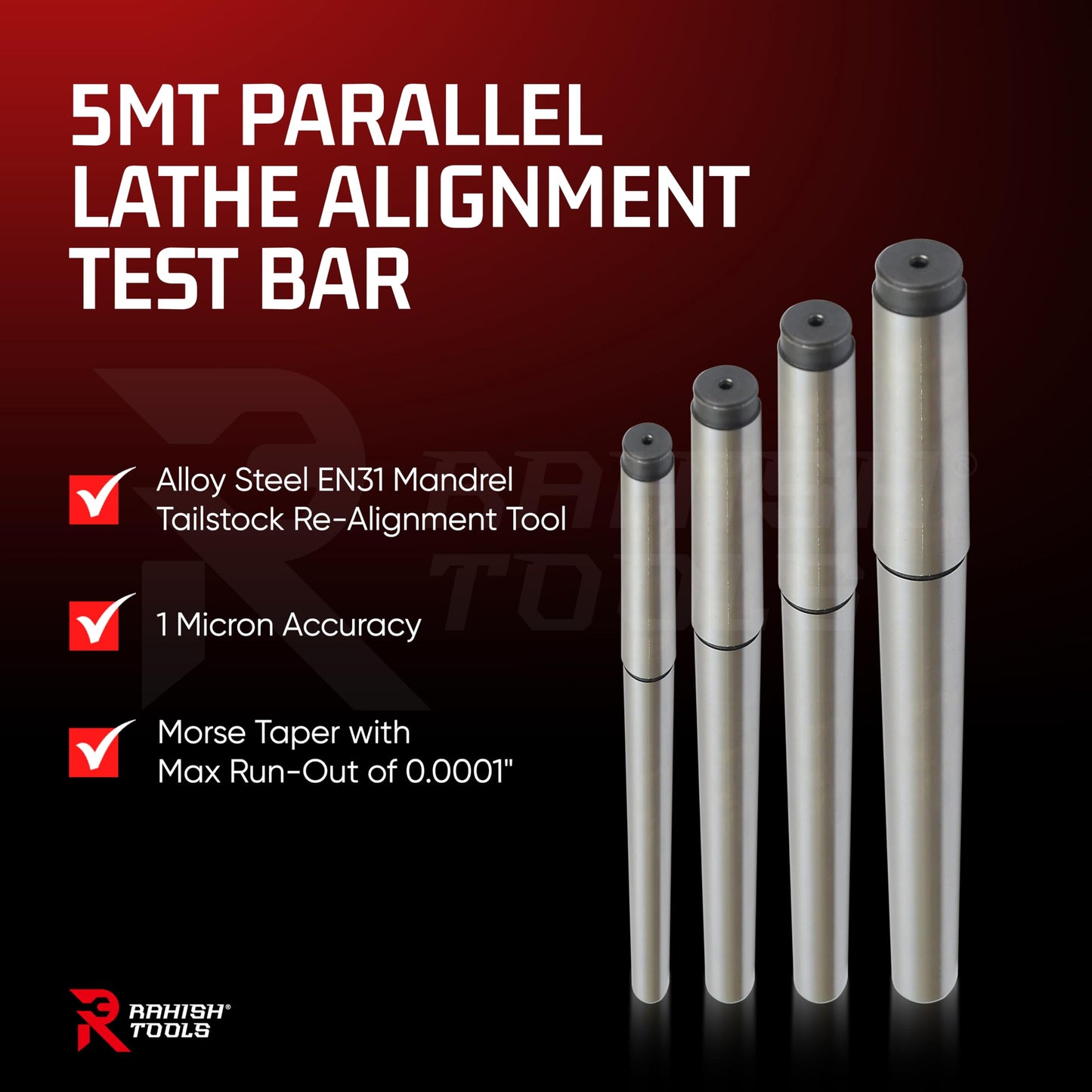 Rahish Tools 5MT Parallel Lathe Alignment Test Bar with High Precision Bar Alloy Steel EN31 Mandrel - Tailstock Re-Alignment Tool with 1 Micron Accuracy & Morse Taper with Max Run-Out of 0.0001"