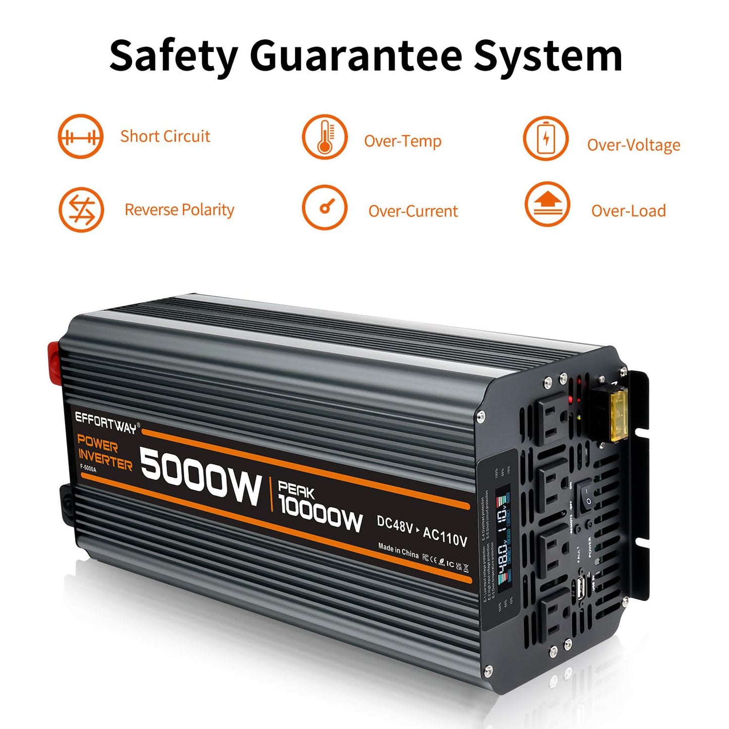 EFFORTWAY Power Inverter DC 48V to AC 110V/120V Converter with LCD Display, Wireless Controller, Cable Pair,AC outlets USB.RV Travel,Suitable for Camping,and Off-Grid Solar Systems (5000w -48v)