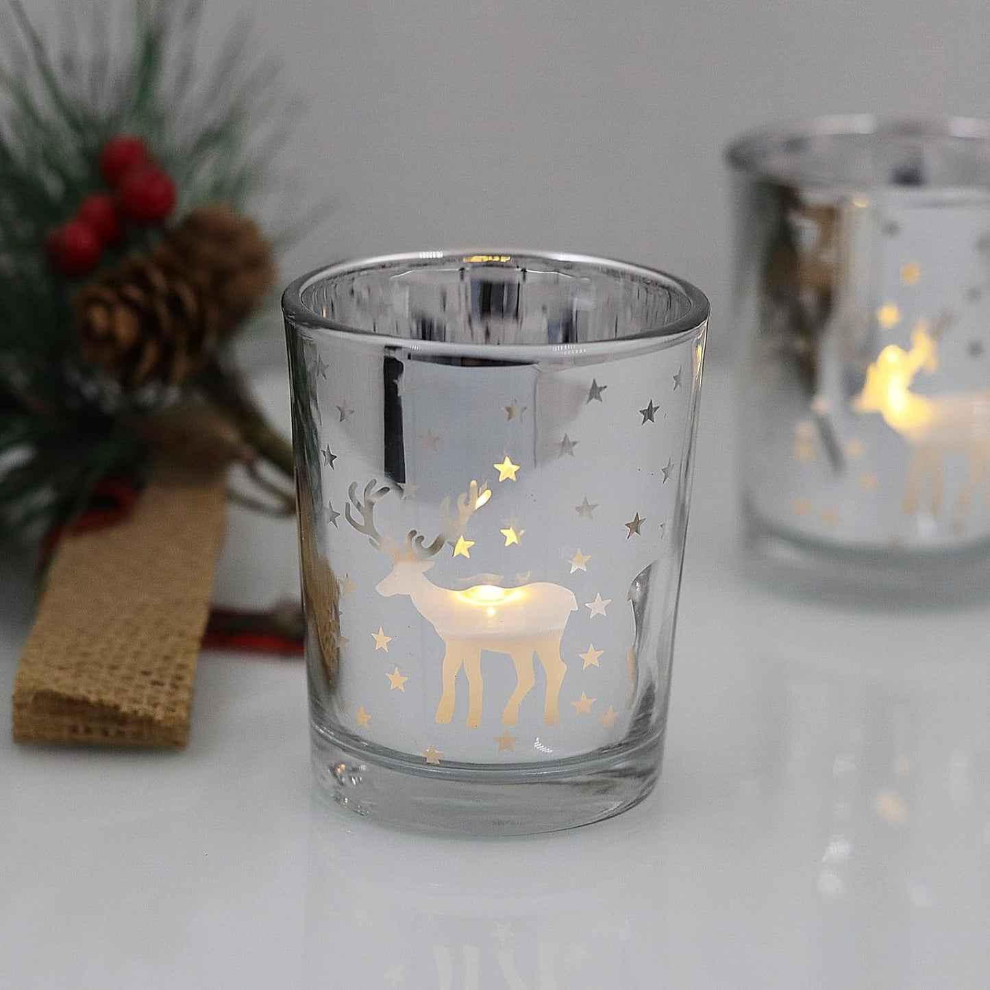 Skiennix Silver Votive Tealight Candle Holders - 12PCS Carved Reindeer Xmas Table Centerpiece Decor