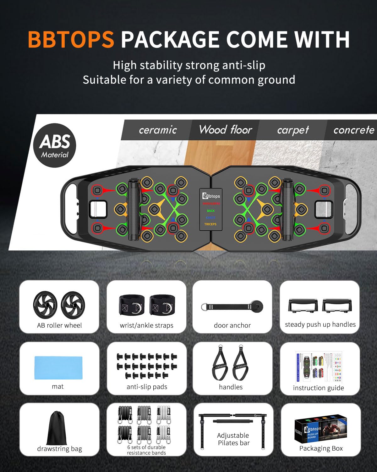 BBTOPS Push up Board, Pilates Bar & Ab Roller, 25-in-1 Foldable Push up Bar at Home Workout,Gym Exercise Professional Push ups bar Strength Training Equipment for Man and Women
