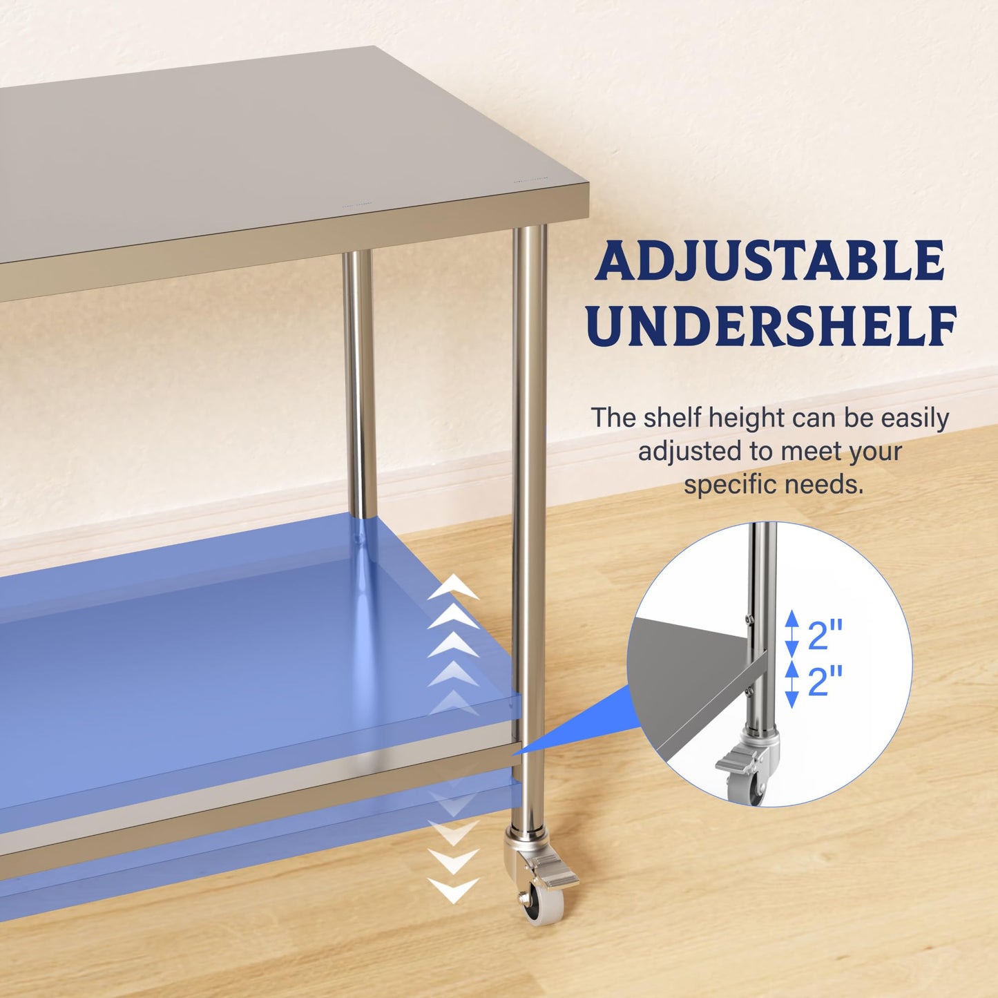 Stainless Steel Table, 60" x 24" Prep Workstation, 1000 LBS, NSF Commercial Work Table with Adjustable Undershelf and Lockable Casters, for Restaurant, Home, Kitchen, Hotel, Outdoor