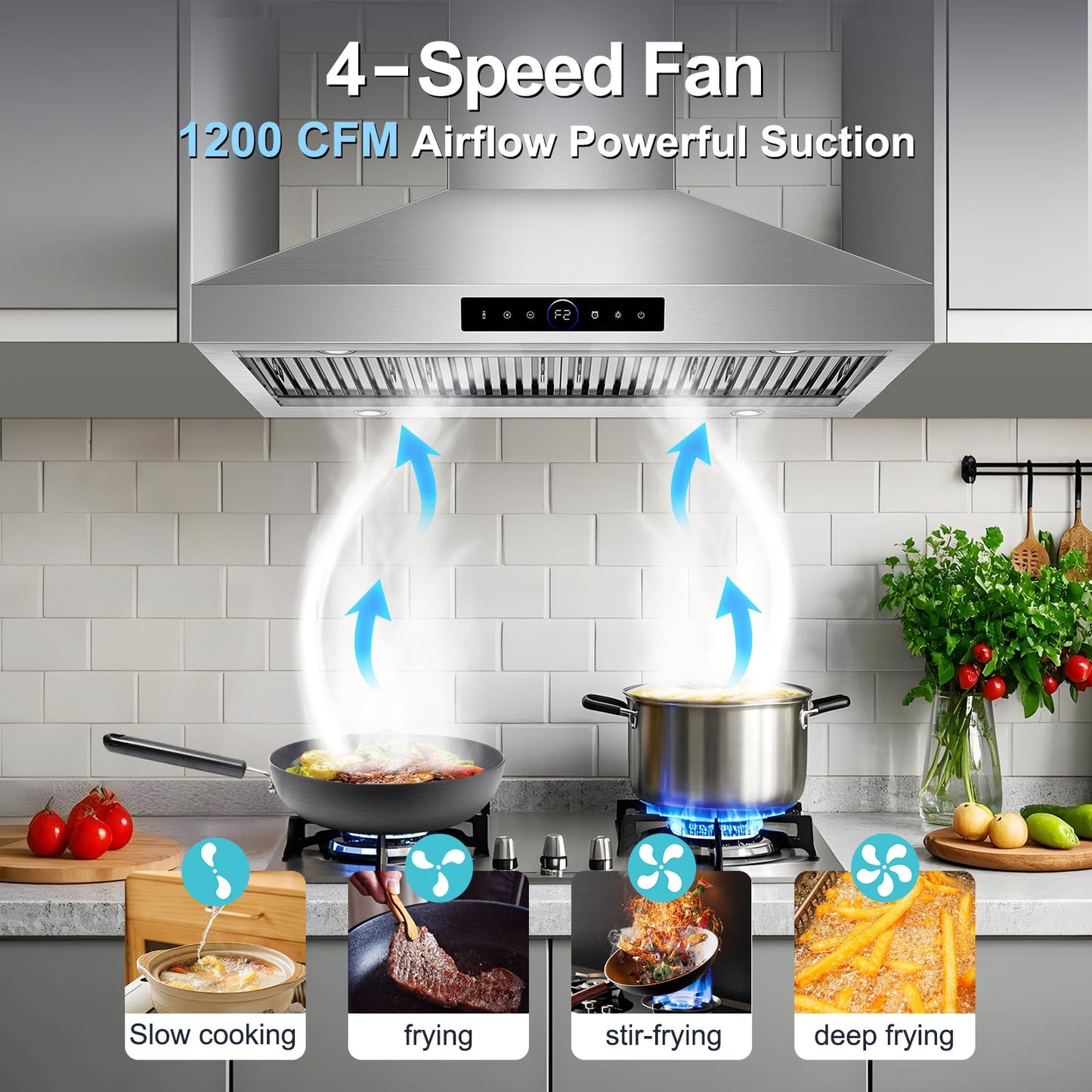 48 inch Range Hood Wall Mount, 1500 CFM with 4-Speed Gesture Sensing & Touch Control, Stainless Steel Ducted Kitchen Stove Vent Hoods with 4 LED Lights, Time Setting, Dishwasher-Safe Baffle Filters