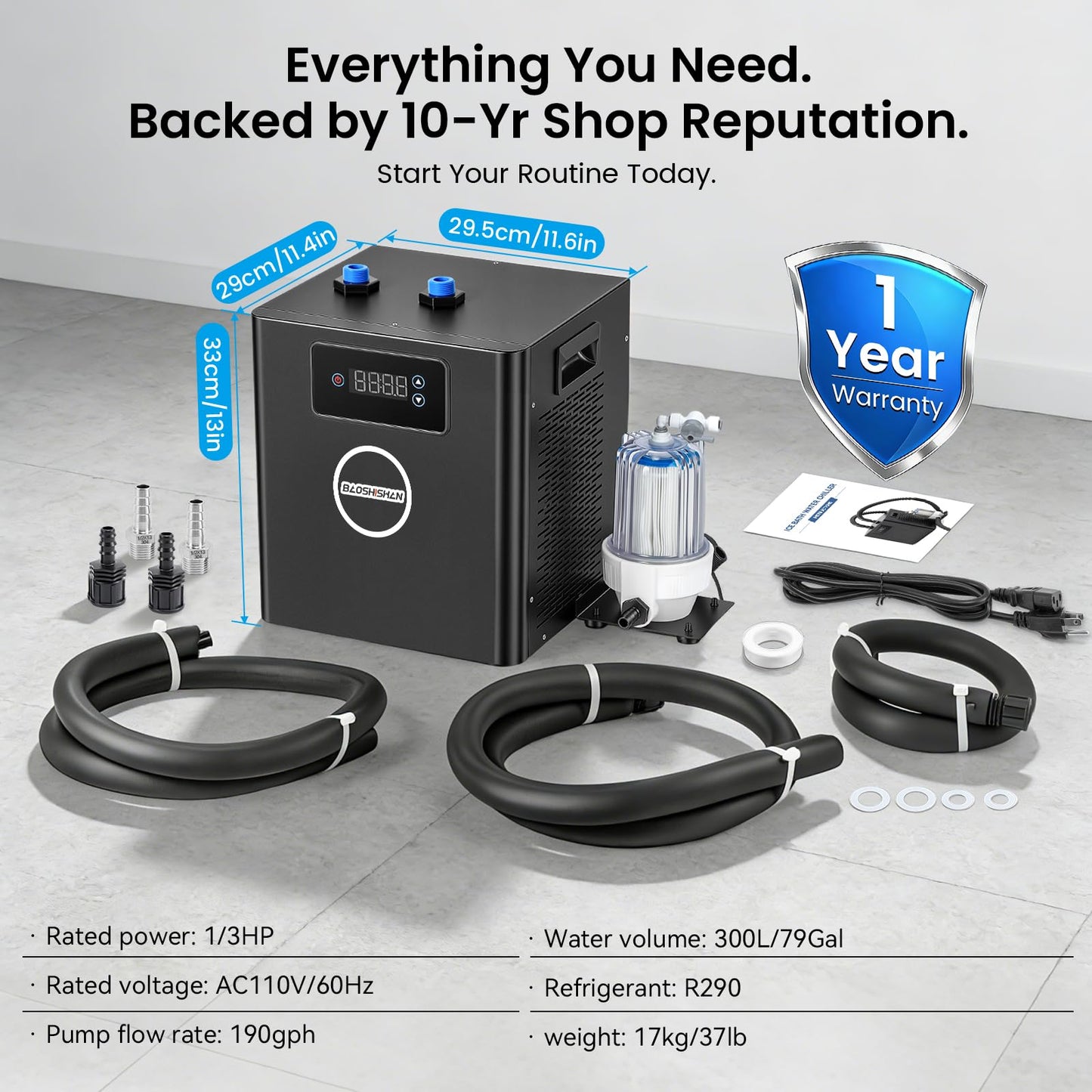 BAOSHISHAN Cold Plunge Chiller, 1/3 HP Ice Bath Chiller, Fast Cooling to 50F, Easy Setup with Pre-Assembled Pump & 20 Micron Filter, Ultimate Muscle Recovery System 110V