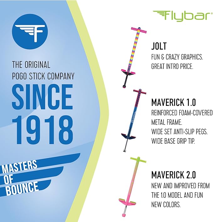 Flybar Maverick 2.0 Foam Pogo Stick for Kids Ages 5 and Up, 40 to 80 Pounds - Outdoor Toy for Boys and Girls With Rubber Grip by The Original Pogo Stick Company (Blue/Green)