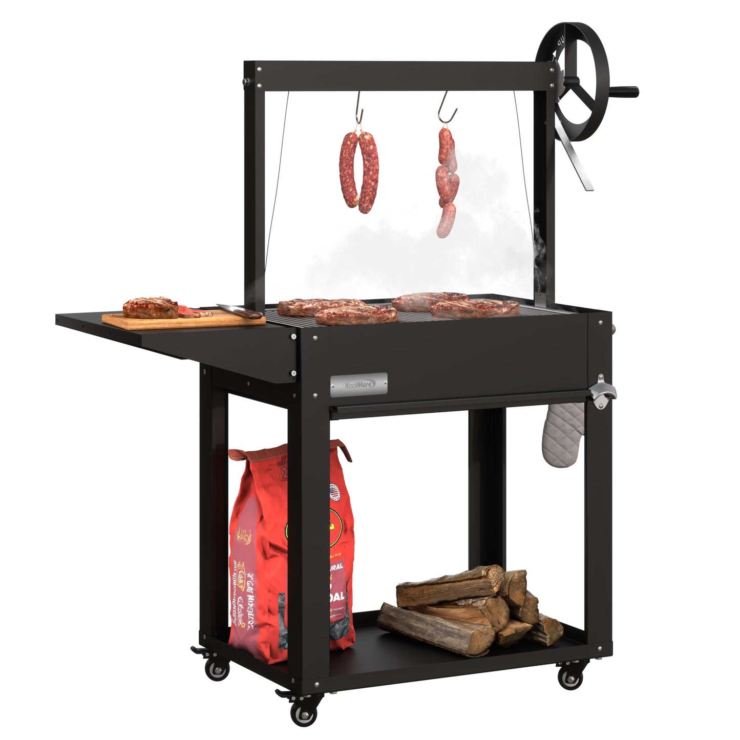 KoolMore 50 in. Charcoal BBQ Grill, Argentine Style Outdoor Grill with Adjustable Grate, Heavy Duty Barbecue Grill, Black