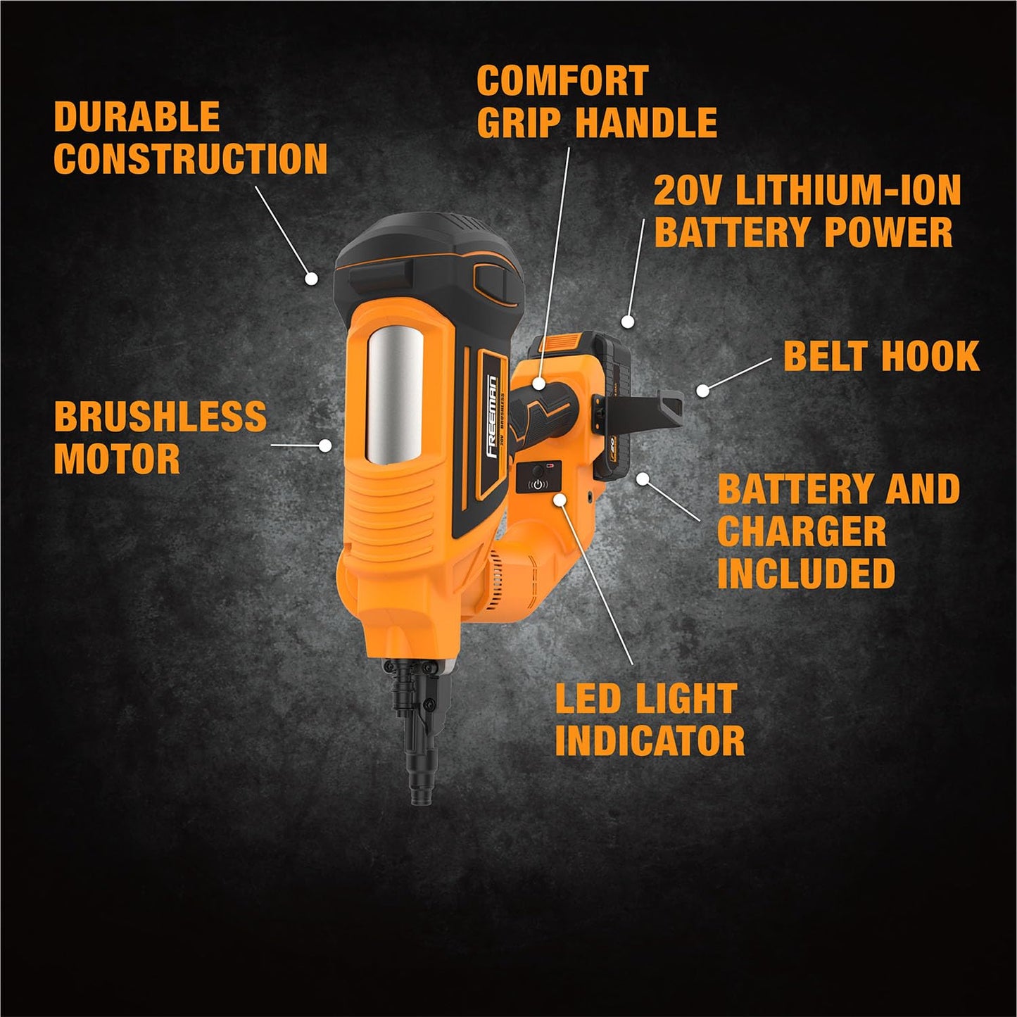Freeman PE20VCNPN 20 Volt Cordless and Brushless 3" Single Pin Concrete Nailer Kit with Lithium Ion Battery, Charger, and Case – 750 Shots per Charge