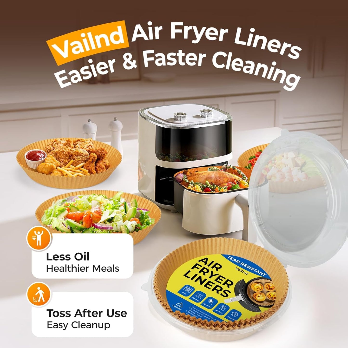 Vailnd Air Fryer Liners - 200 Pcs Non-Stick 8" Round Parchment Paper for 5-8 Qt Air Fryers & Baking