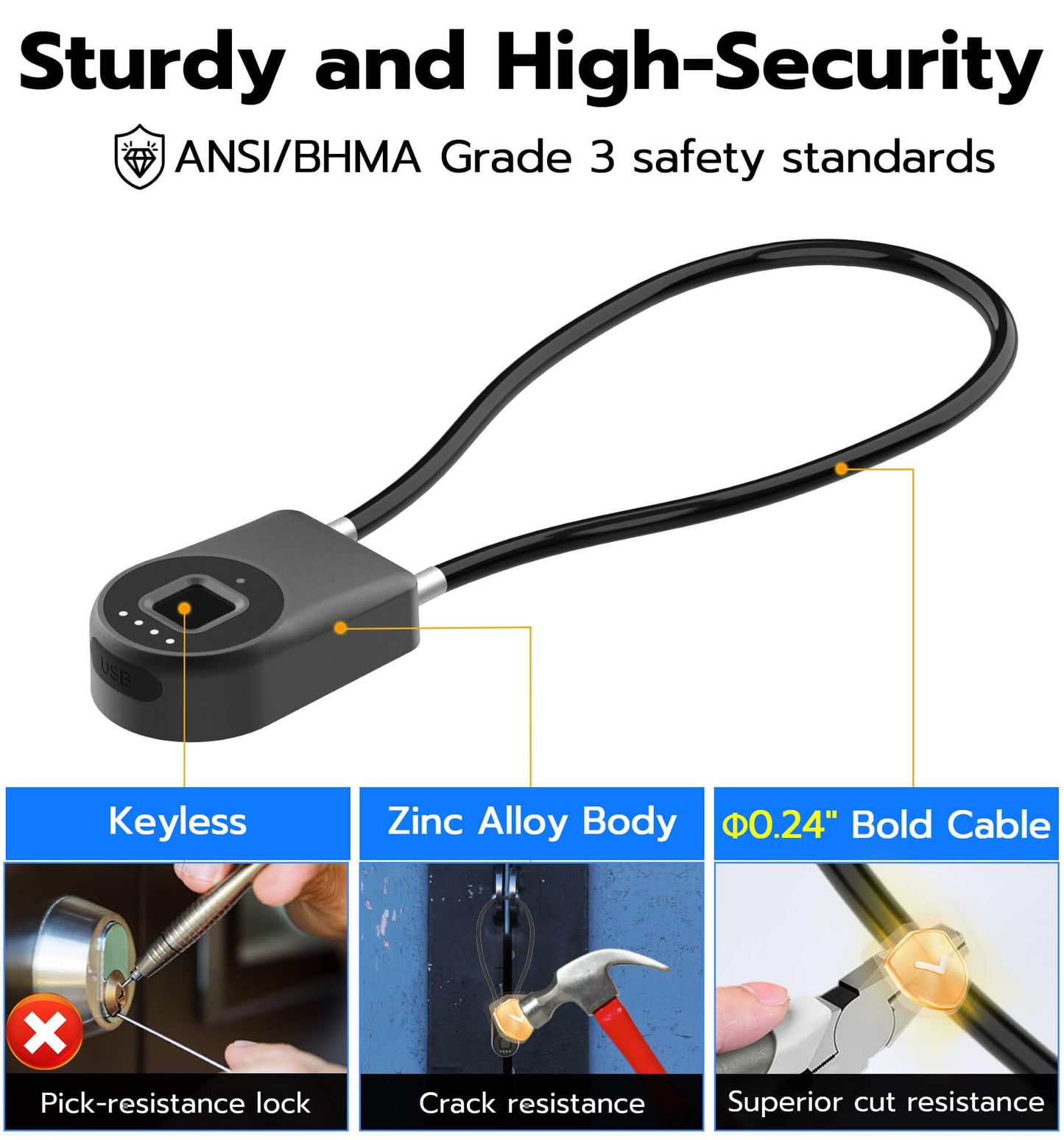 Anweller Fingerprint Cable Lock, 14" Long Shackle Small Padlock, Keyless Entry Biometric Bluetooth Smart Waterproof Combination Pad Lock for Gate Outdoor Fence Fridge Cabinet Locker Pool Bike - Black