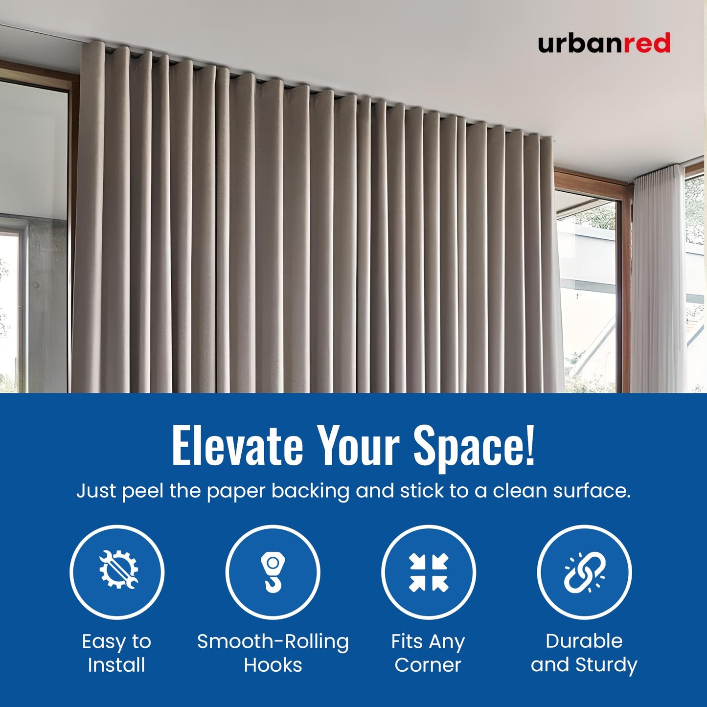 UrbanRed Self Adhesive Curtain Track (5 Meter, 16.4 ft) for Smooth Ceiling or Wall - No Drill, Screws, Ceiling Curtain Track, Curtains Rod, Ceiling Mount, Adhesive Curtains Rod (Non-Flexible)