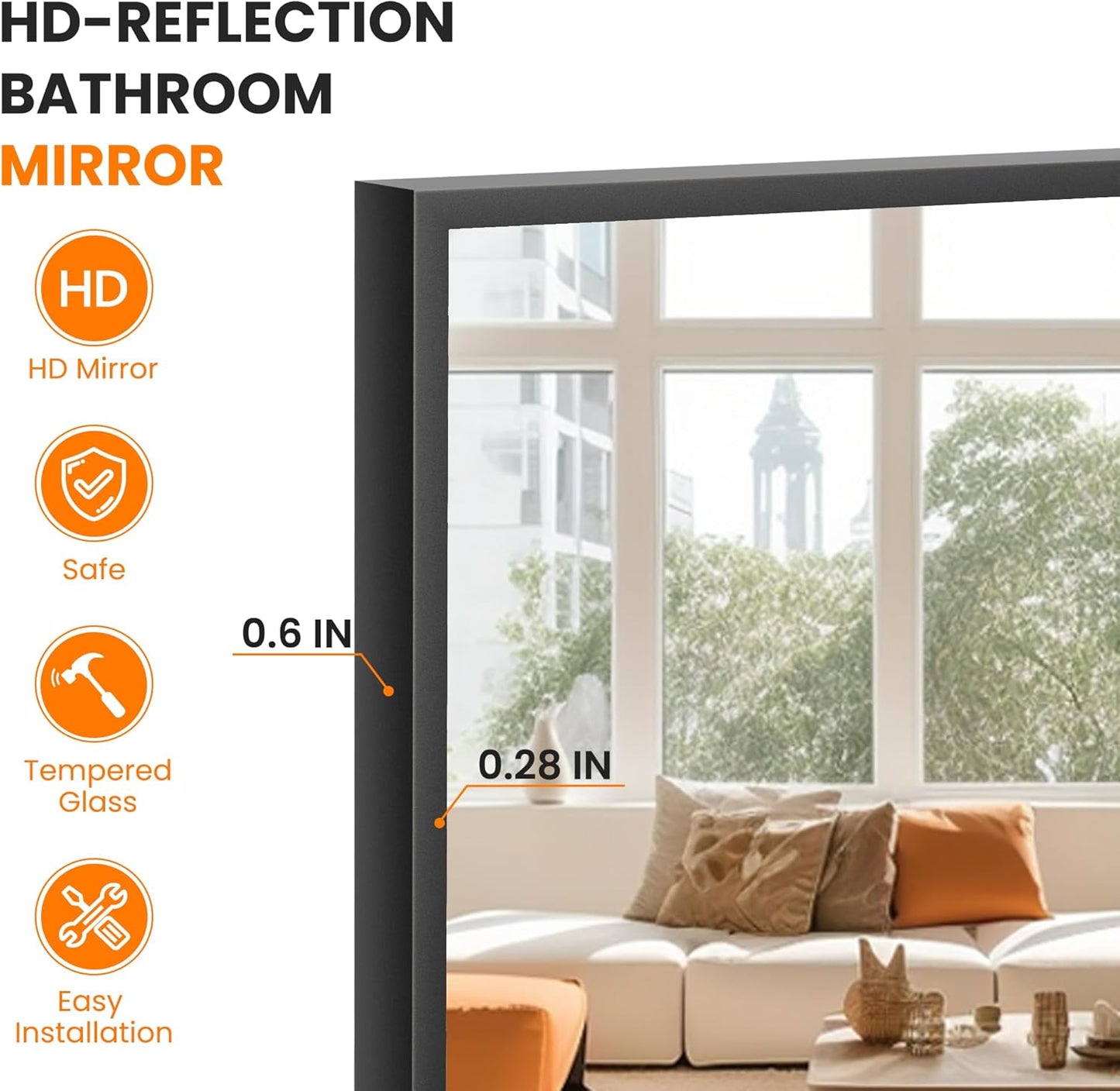 TRAHOME Bathroom Vanity Mirror - 36" x 24" Metal Framed Rectangular Design | HD Shatterproof Glass, Versatile Hanging Options (Black)