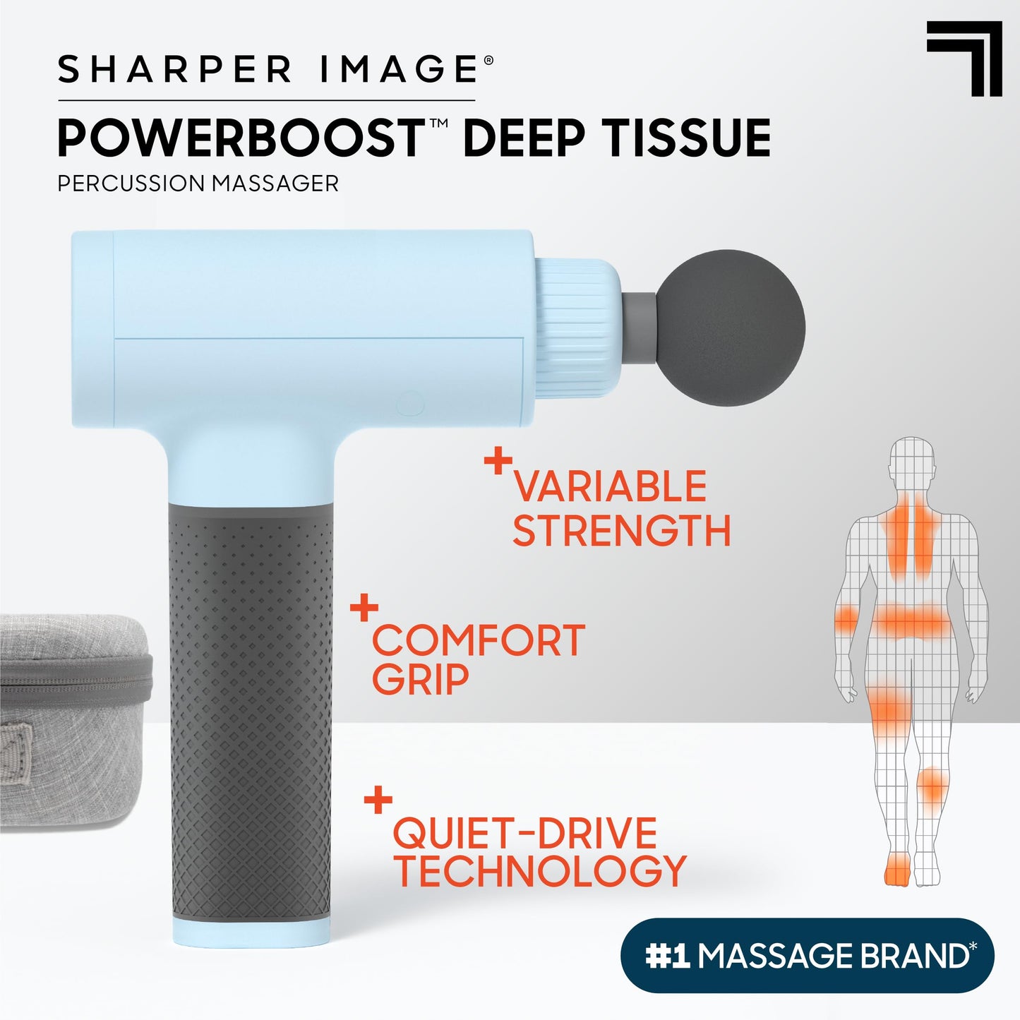 Sharper Image Deep Tissue Percussion Massage Gun, Powerboost Rechargeable Handheld Massager, 6 Adjustable Speeds, 5 Attachment Heads & Carrying Case, Full Body Muscle Pain Relief, Light Blue