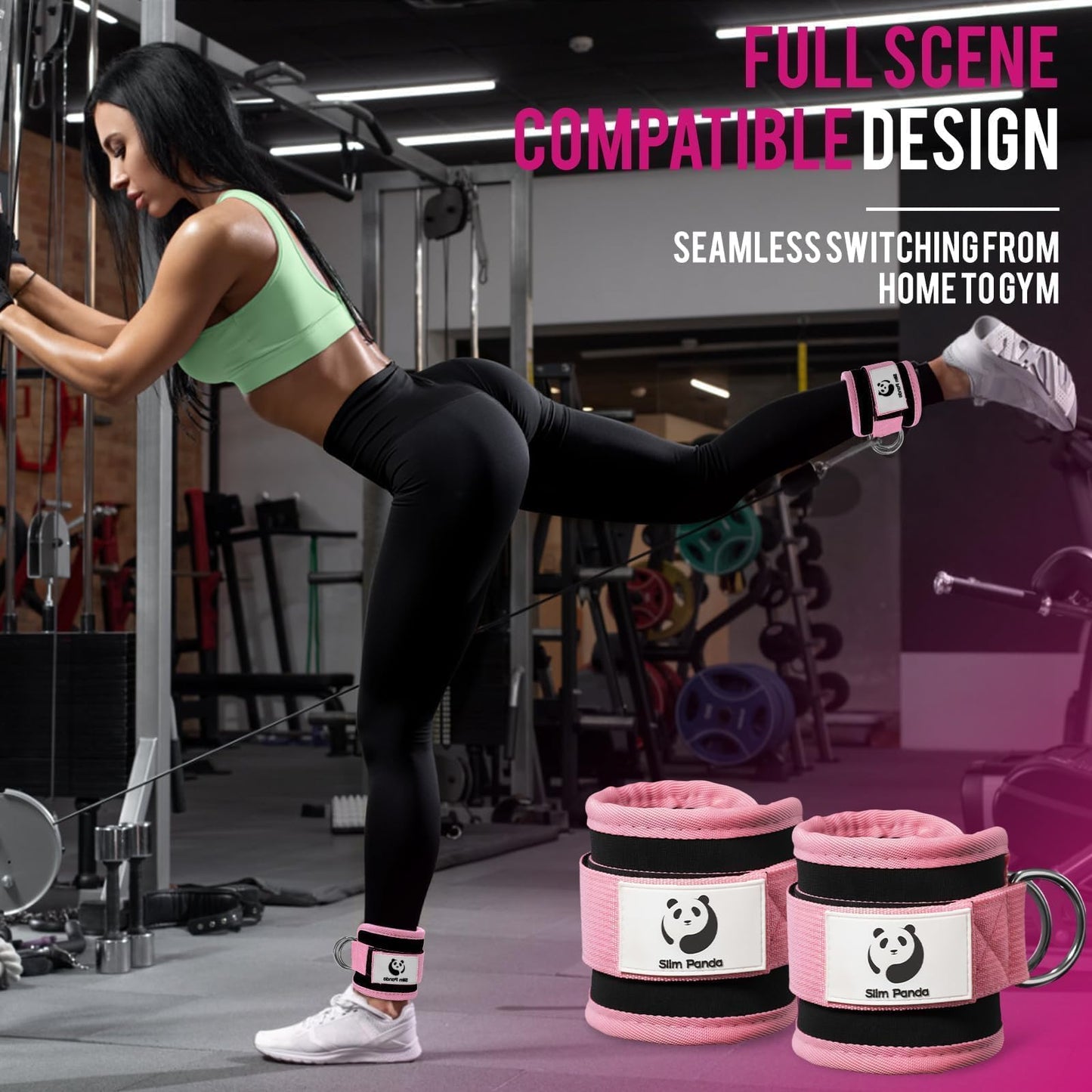 Slim Panda Ankle Strap for Cable Machine,Ankle Cuff for Kickbacks, Booty Hip Abductors,Glute Workouts, Leg Extensions, Curls for Men and Women, Adjustable with Double D-Rings (Pair, Pink)