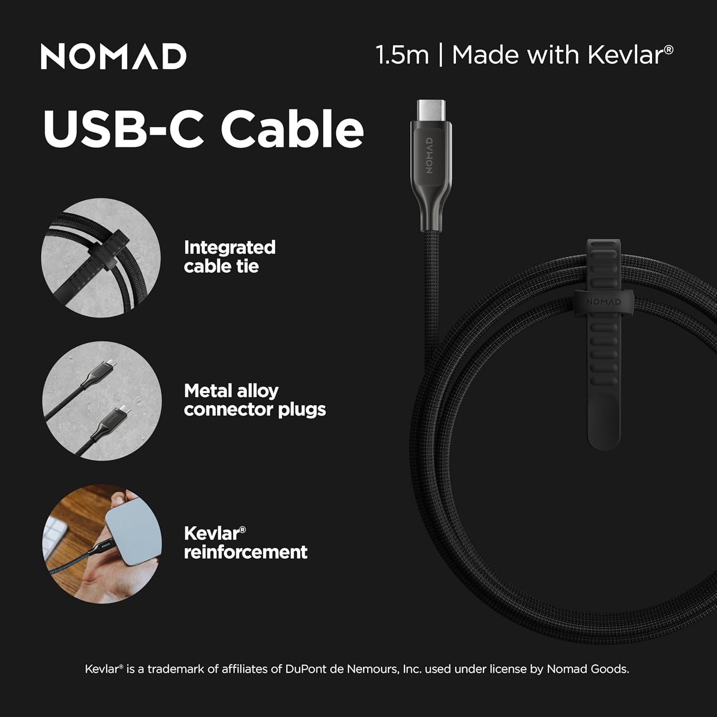 V3, 1.5M NOMAD USB-C Cable Carbide USB-C Built with Kevlar, USB Type C to USB Type C Cable Fast Charging