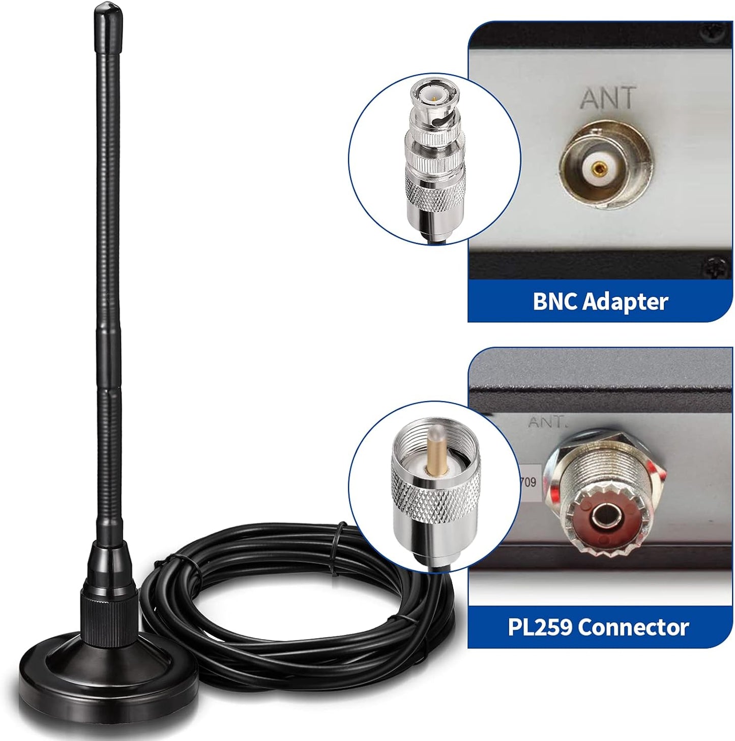 BINGFU 27MHz PL259 CB Radio Antenna Magnetic Base Soft Whip & BNC Male Compatible with Cobra Midland Uniden Maxon