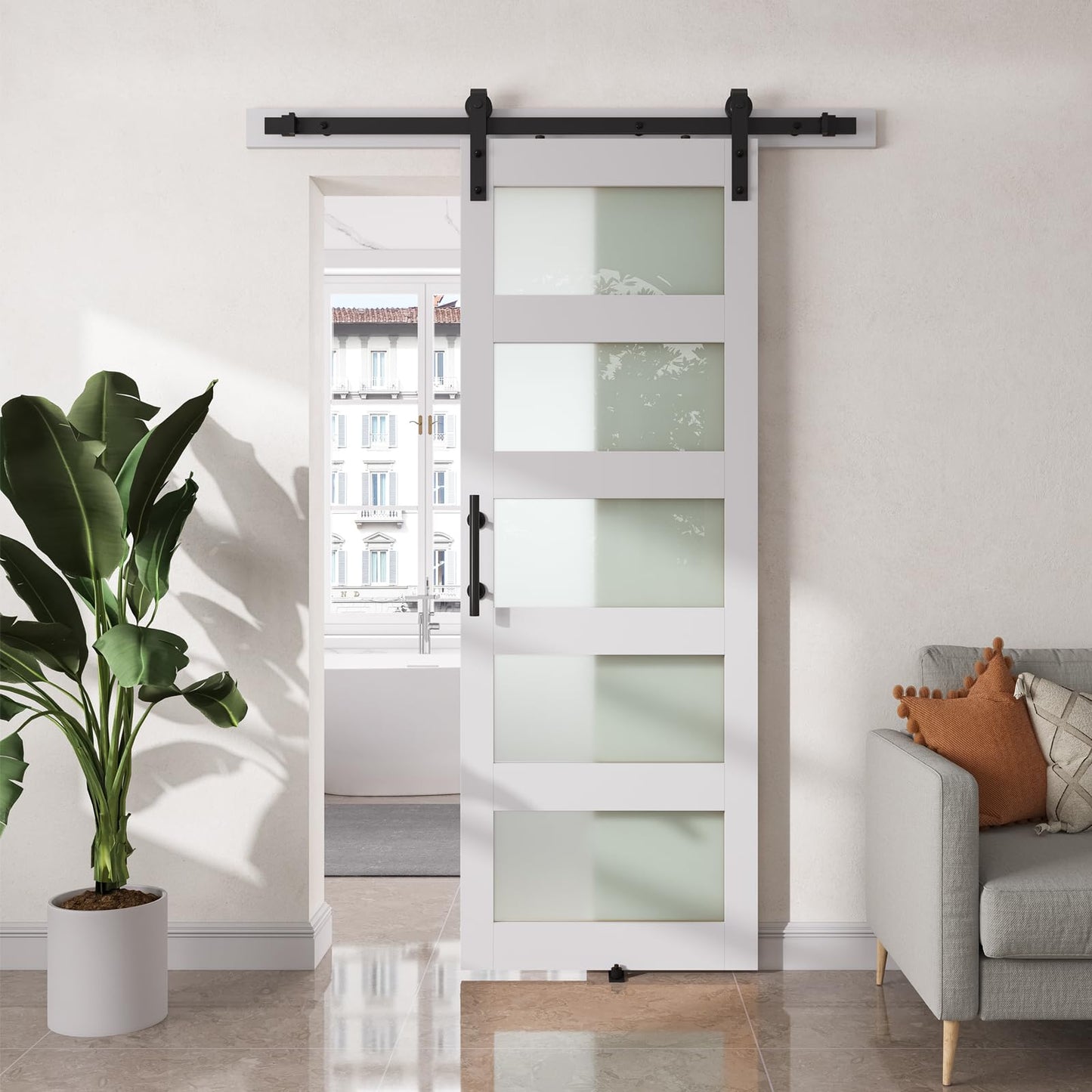 SMARTSTANDARD 30" x 84" Glass Barn Door with 5FT Hardware Kit Included, 5-Panel Glass, DIY Assembly Required, Waterproof PVC Coating, Pure White