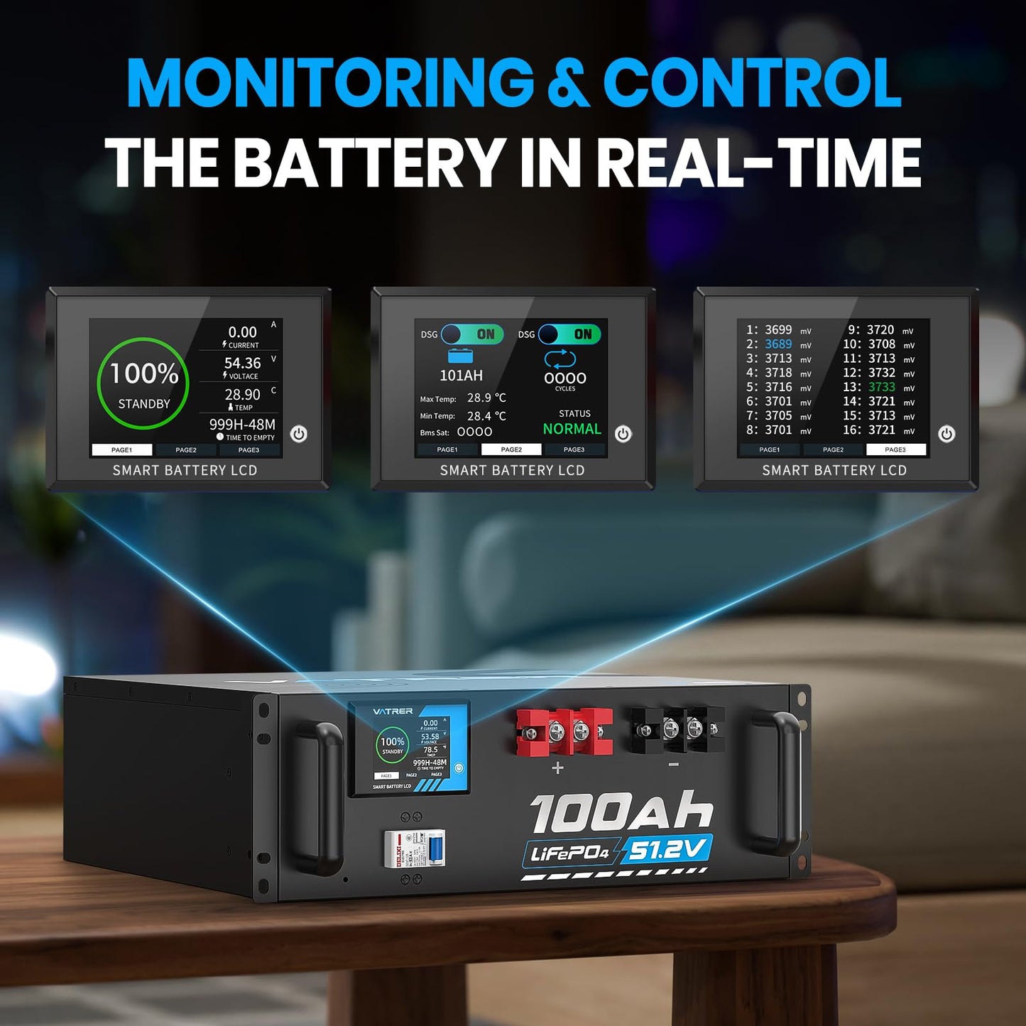 VATRER POWER 48V 100AH Lithium LiFePO4 Battery, Built-in 100A BMS, with Touchable Smart Display & Mobile APP, Max. 4800W Power Output, 5000+ Cycles, Perfect for Solar System &Off-Grid Applications