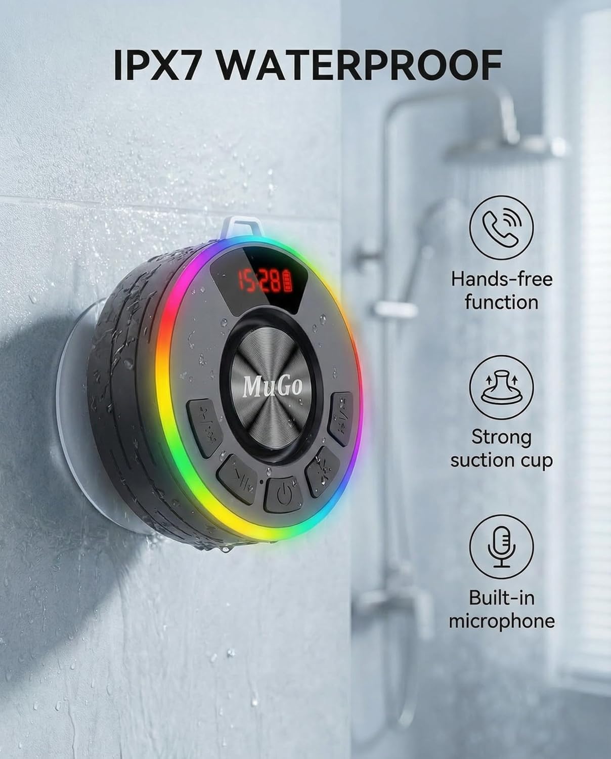 MuGo IPX7 360 5.3, 10H Waterproof Bluetooth Shower Speaker with Strong Suction Cup, Portable Wireless Speaker, HD Sound