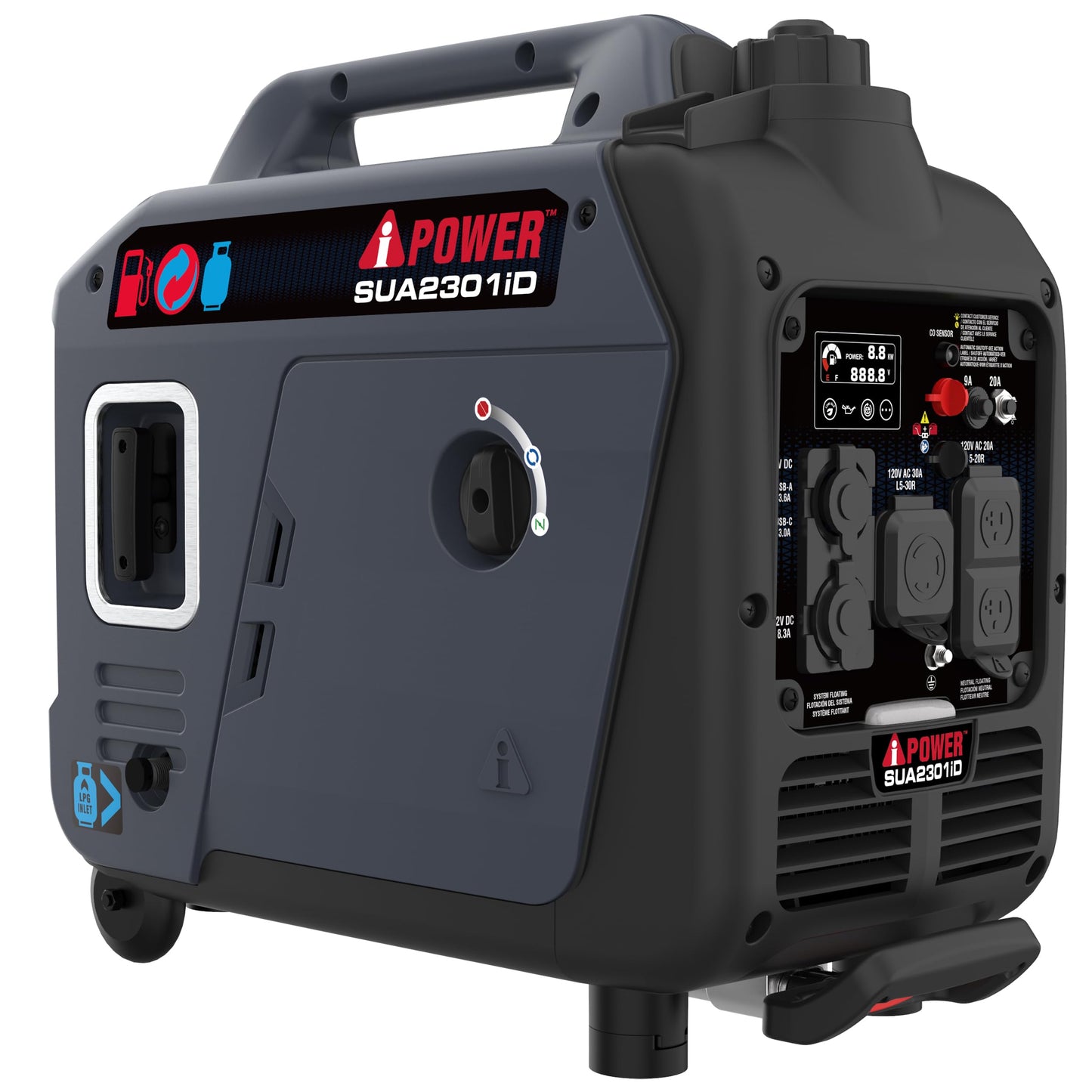 A-iPower 2300-Watt Portable Inverter Generator Dual Fuel, RV Ready, CARB Compliant CO Sensor, Light Weight With Telescopic Handle For Backup Home Use, Tailgating & Camping (SUA2301iD)