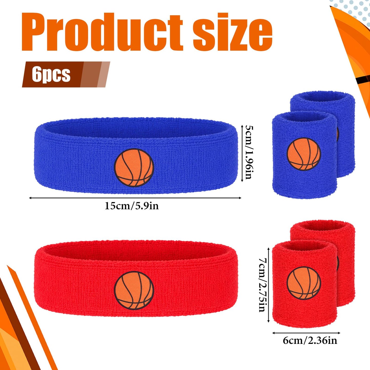 6 Pcs Basketball Headband, Sports Fan Sports Headband Wristband Set Including 4 Wristband and 2 Headbands Moisture Wicking Athletic Terry Cloth Sweat Absorbing Head Band for Workout