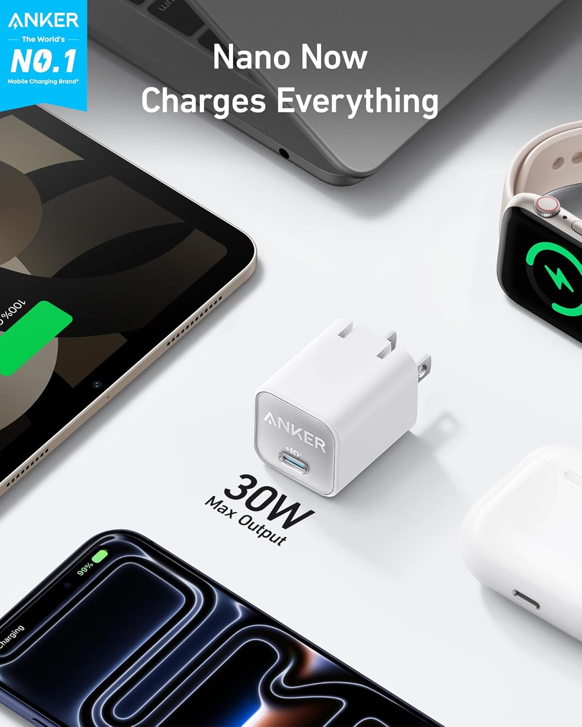 Anker 30W 3.0 17/16 Nano USB C Charger Block, PIQ Foldable iPhone Charger Fast Charging for iPhone Series, Galaxy