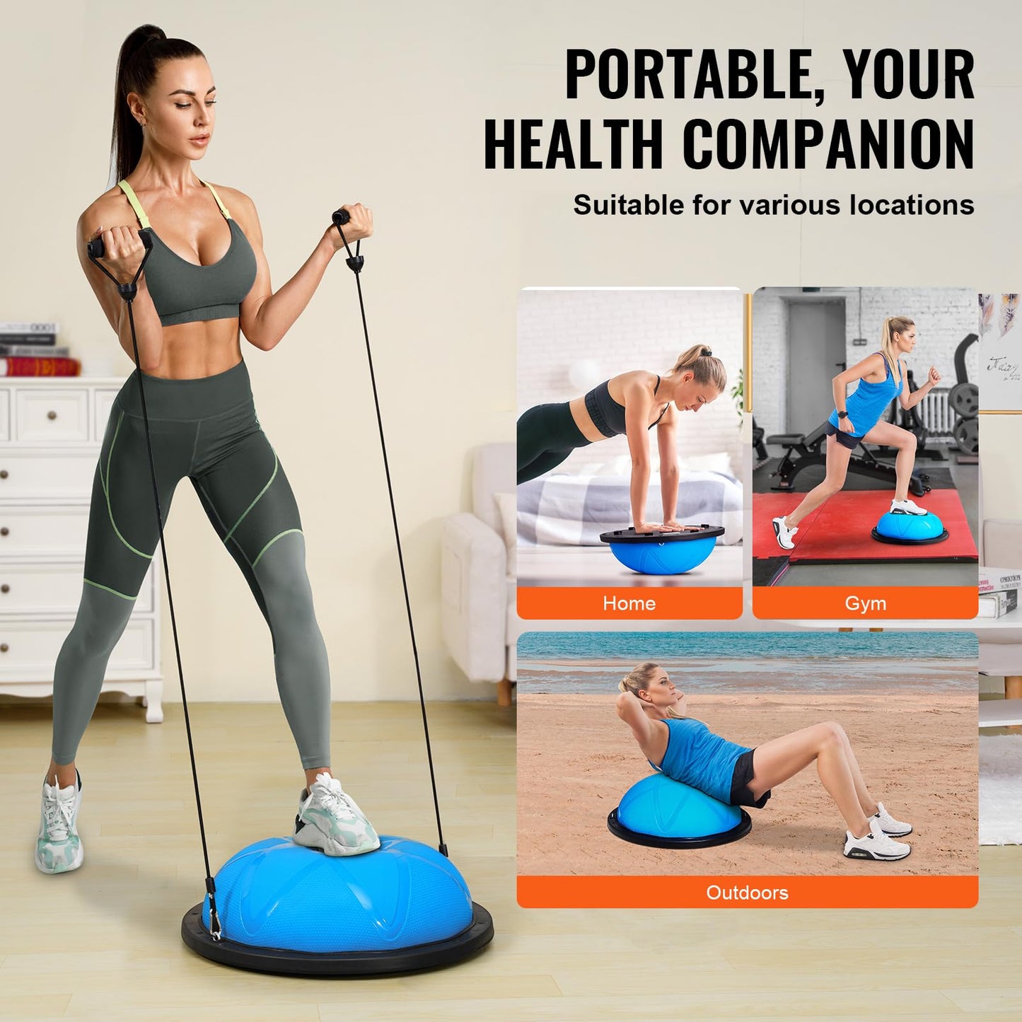 VEVOR 23-inch Half Exercise Ball Trainer, 660 lbs Capacity Balance Ball, Includes Resistance Bands and Pump, Ideal for Full Body Workouts, Yoga, and Strength Training at Home Gym, Blue2