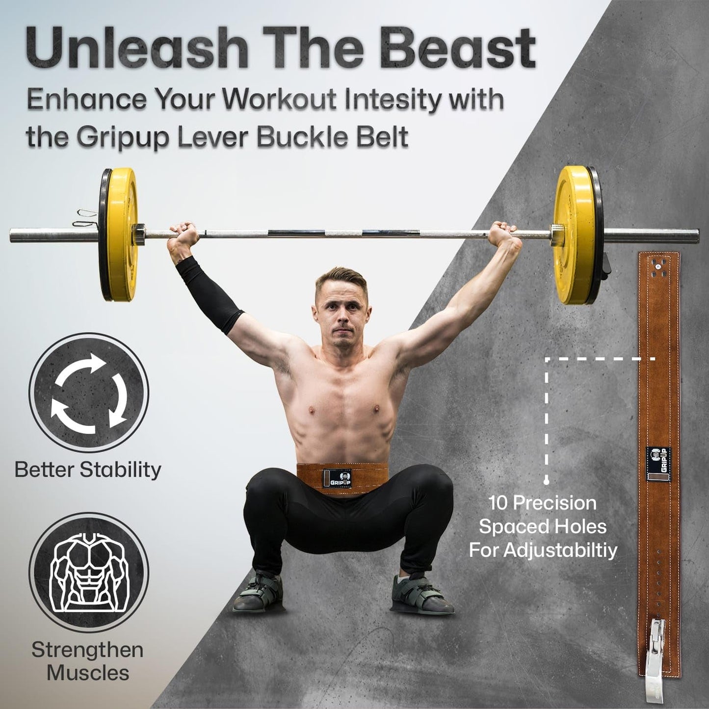 GripUp Powerlifting Belt for Weightlifting Lever Buckle Leather Gym Belt 10mm Thick 4-Inch Lumbar Back Support for Men & Women Ideal for Bodybuilding Deadlifts and Strength Training GP-005 (Brown/White, M)