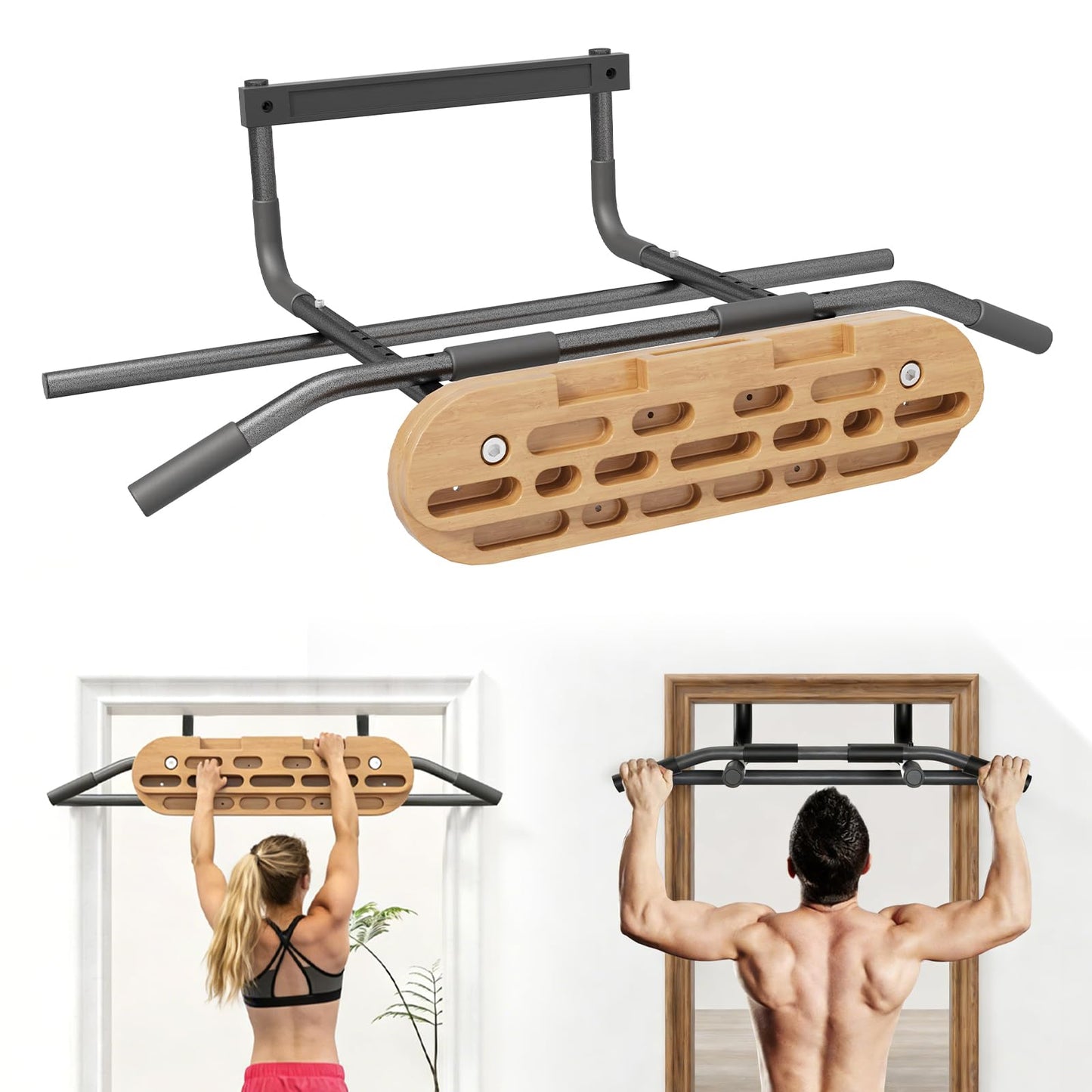 Katywixu 2 in 1 Hang Board Rock Climbing Hangboard with Door Way Pull Up Bar, Multifunctional, Fit for Rock Climbing Training & Pull-Ups, Including Jugs, Pinches, Pockets, Edges & Slopes